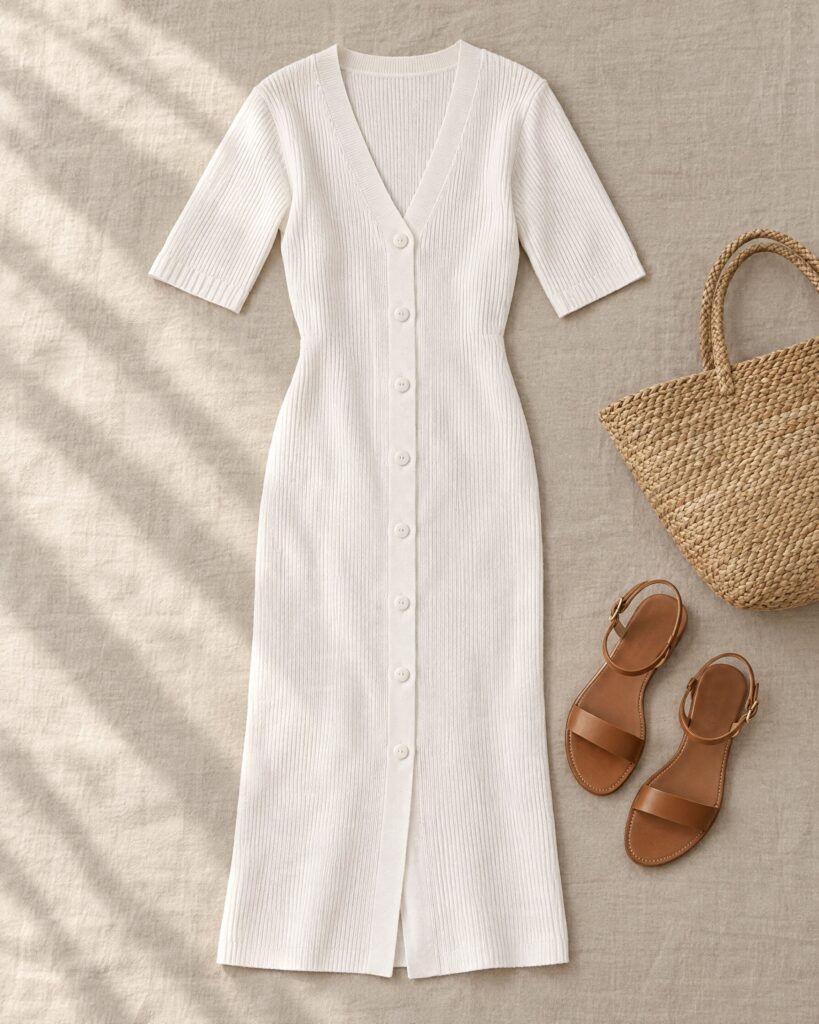 White ribbed button-front dress laid flat with tan leather sandals and a straw bag
