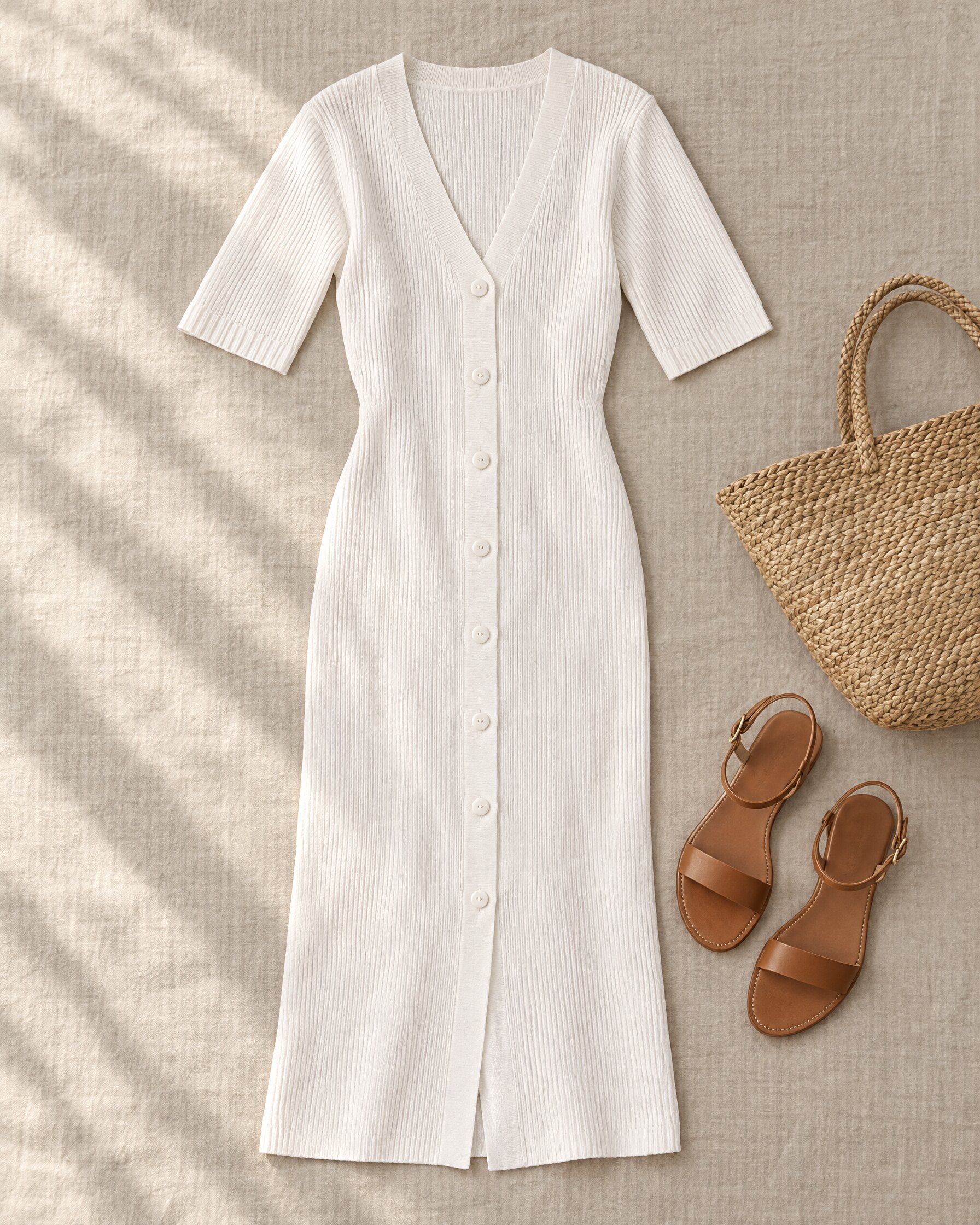 White ribbed button-front dress laid flat with tan leather sandals and a straw bag