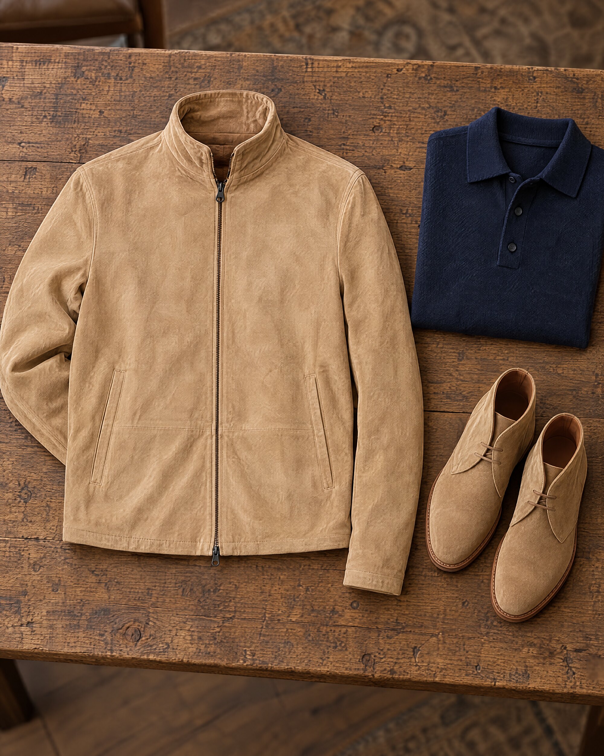 Matchless Craig Blouson suede jacket in natural tan laid flat on an oak table with suede boots and a navy polo