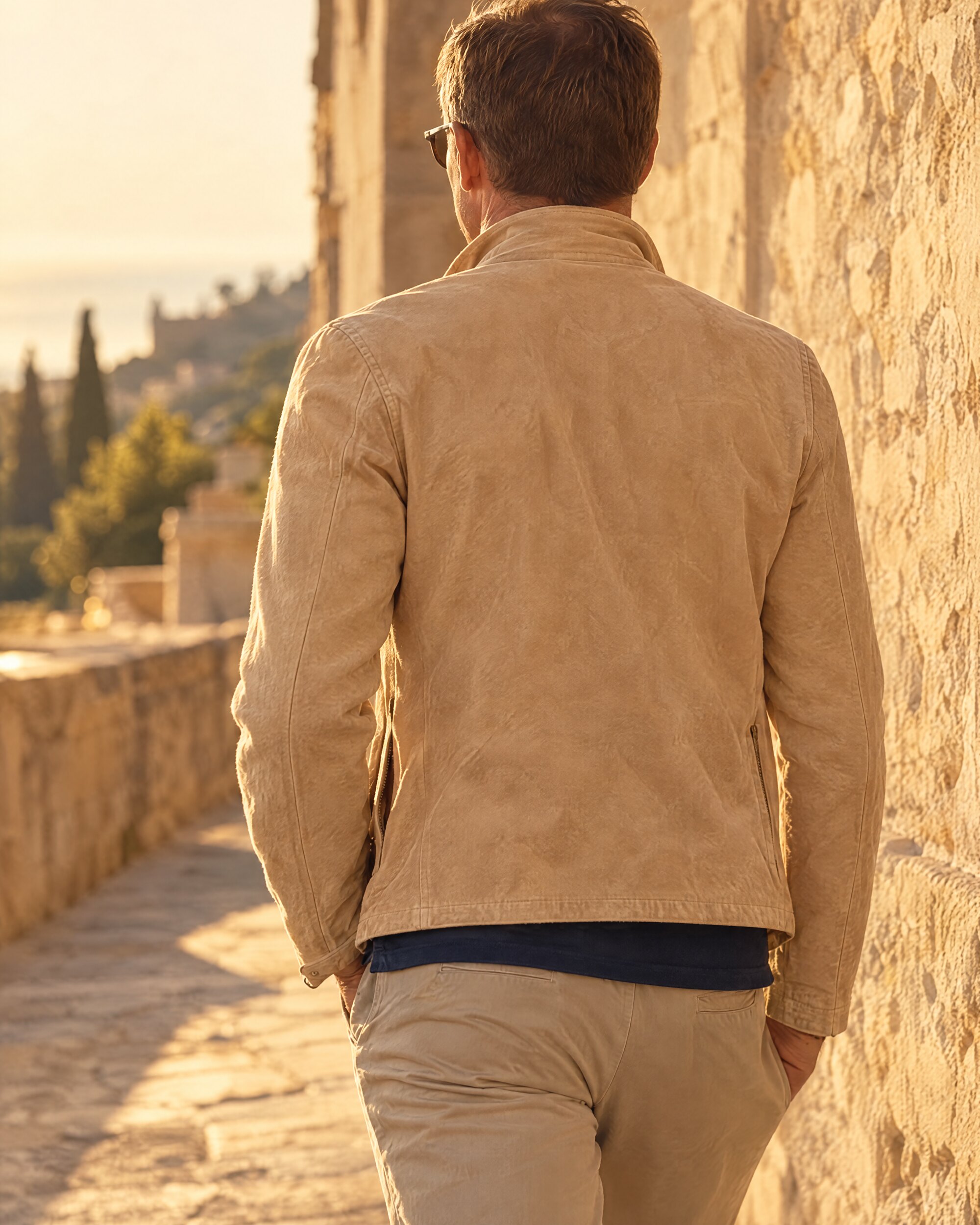 Man in a tan suede blouson jacket and navy polo walking beside a sandstone wall in evening light