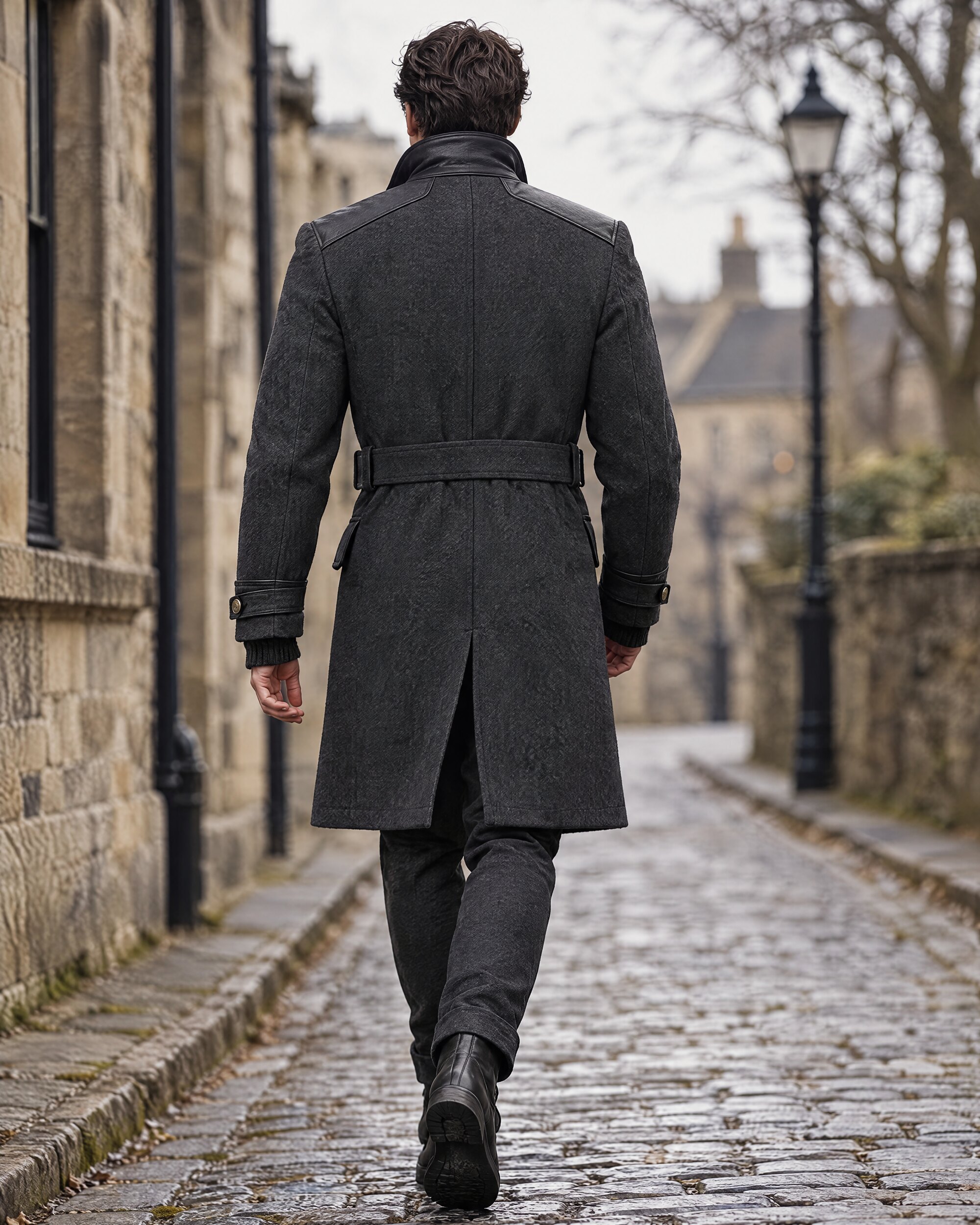 Man in a belted grey Matchless Hinx coat seen from behind on a cobbled street in winter light