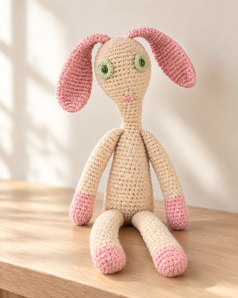 Mathilde's Dou Dou Bunny replica, a pink and beige knitted rabbit with green beaded eyes, on a pale oak surface