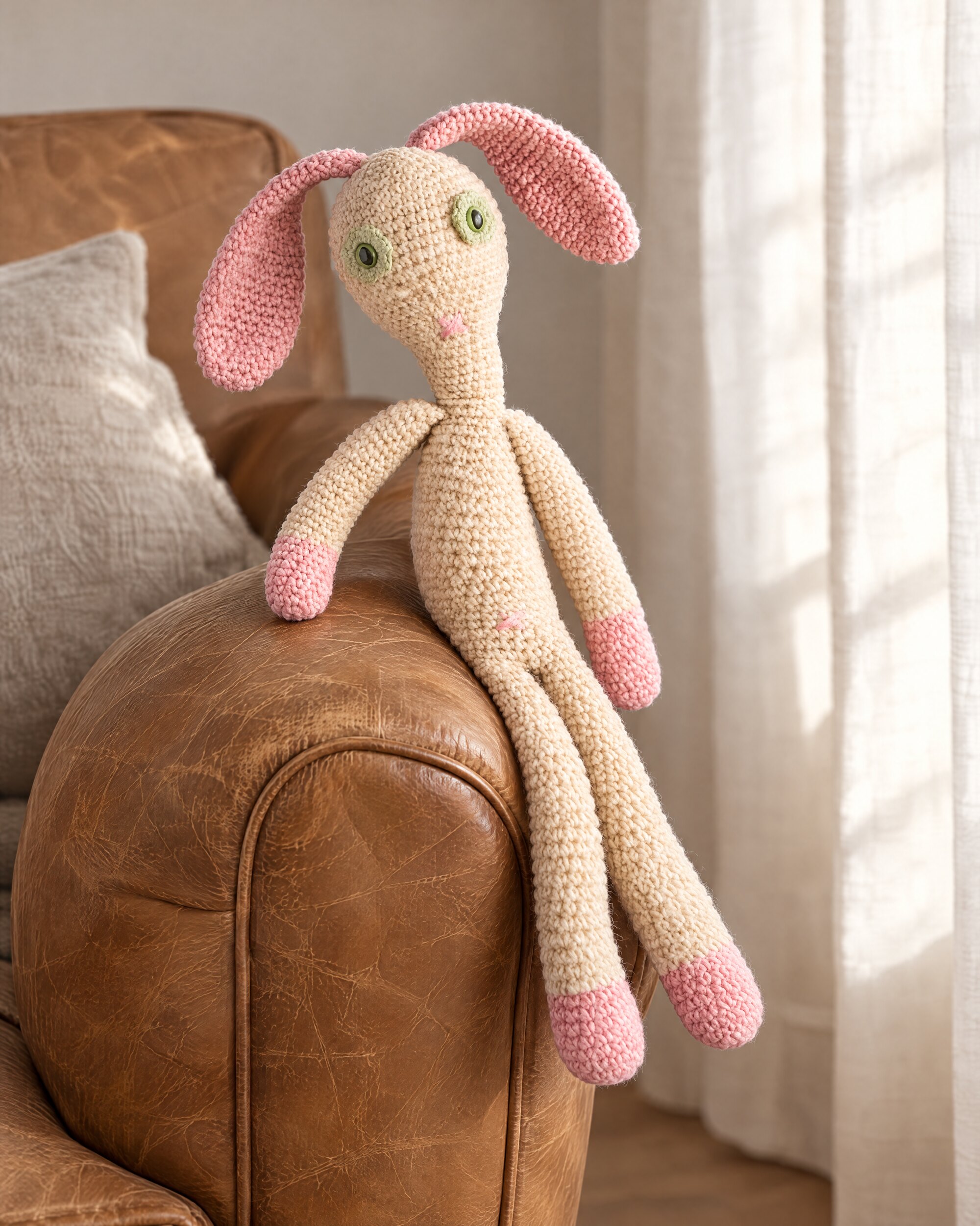 Pink and beige knitted Dou Dou rabbit resting on the arm of a tan leather armchair