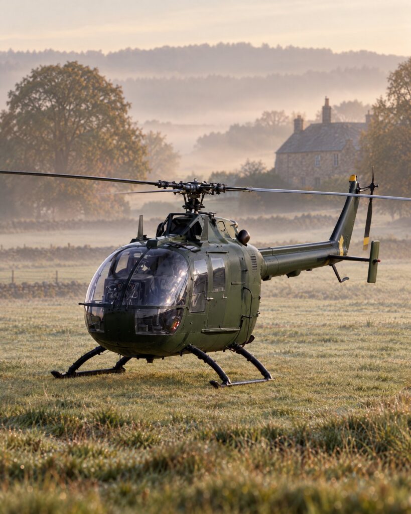 Green MBB Bo 105 helicopter parked on a misty grass airfield at dawn