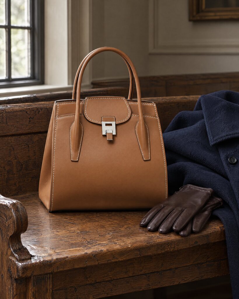 Calf leather satchel on an oak hall bench beside a folded navy overcoat
