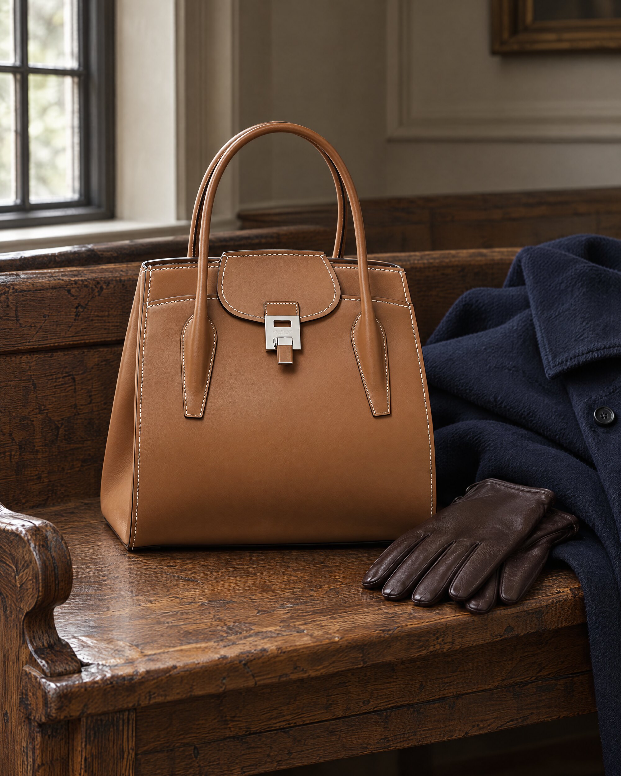 Calf leather satchel on an oak hall bench beside a folded navy overcoat