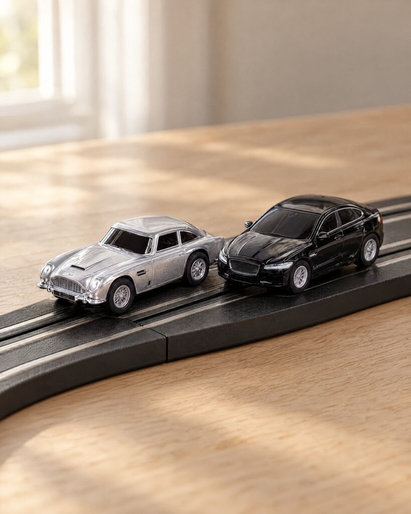 Micro Scalextric James Bond set cars, an Aston Martin DB5 and a Jaguar XF, on a curved section of track
