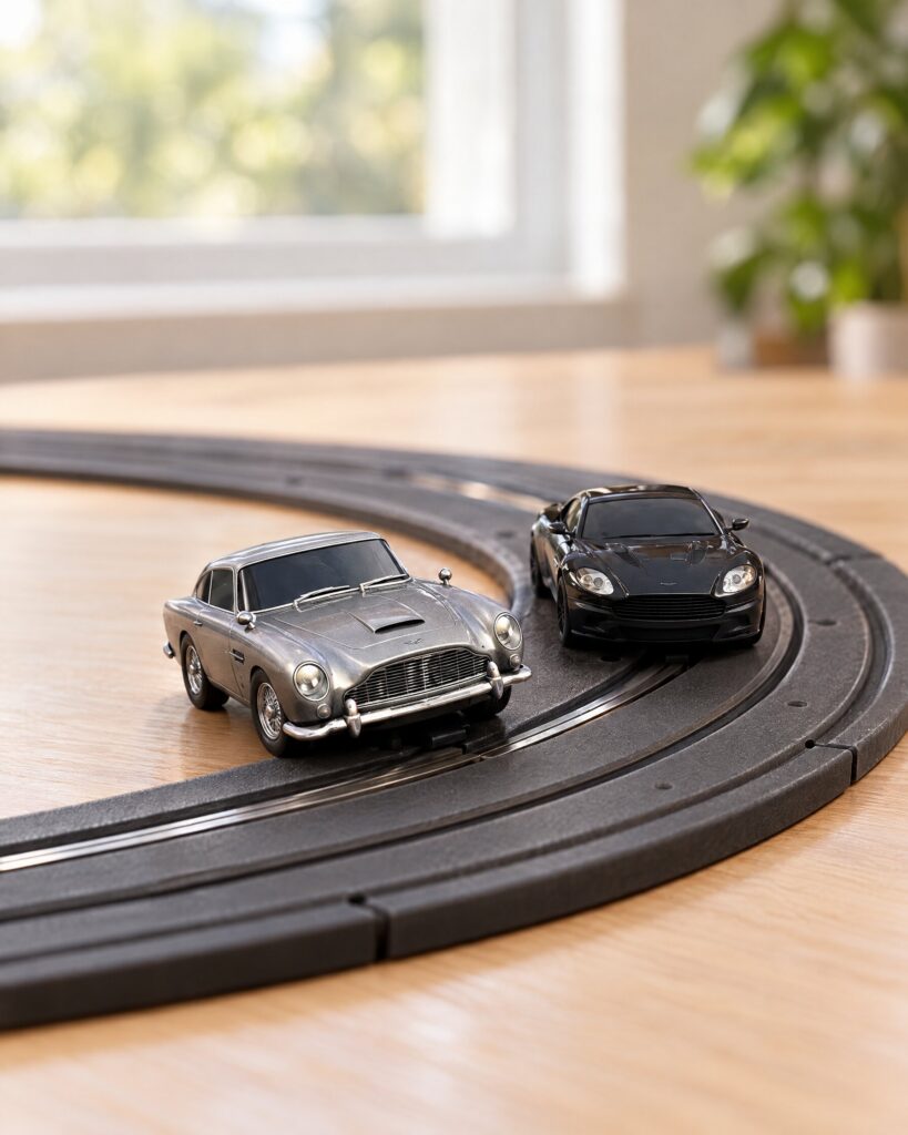 Micro Scalextric Skyfall set cars: silver Aston Martin DB5 and black DBS on track