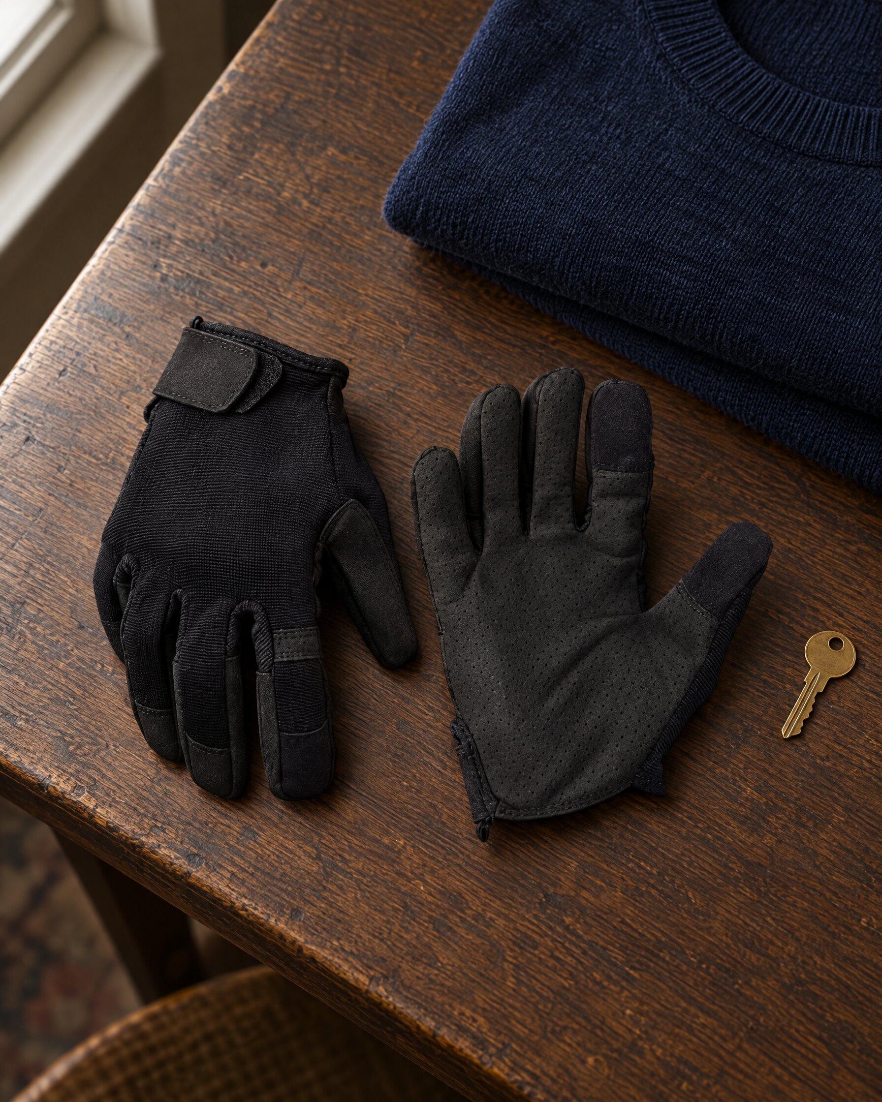 Pair of black Mil-Tec touch gloves from No Time To Die laid flat on an oak table beside a navy sweater