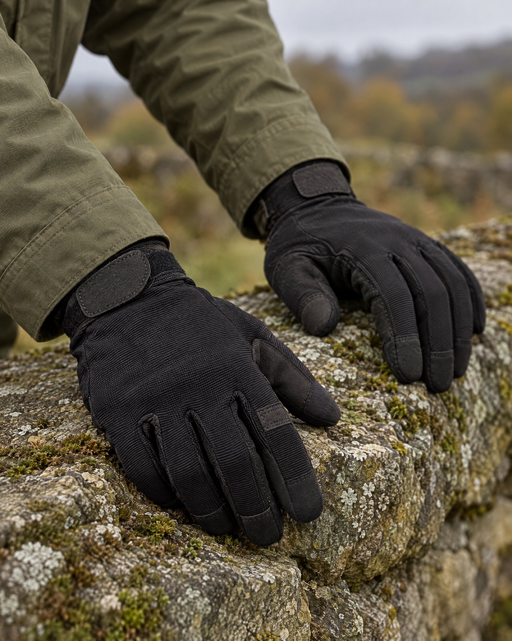 Hands in black touch-screen gloves resting on a stone wall, sleeves of an olive field jacket visible
