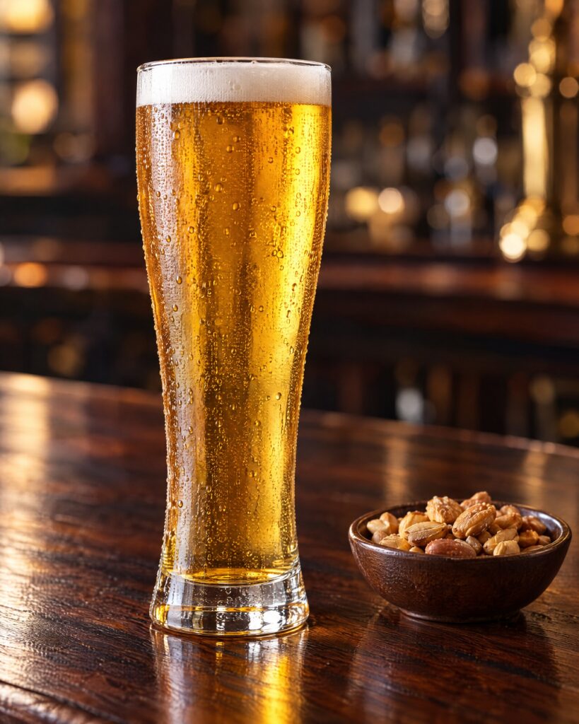 Pale lager in a pilsner glass on a dark wooden bar, a Miller High Life serve