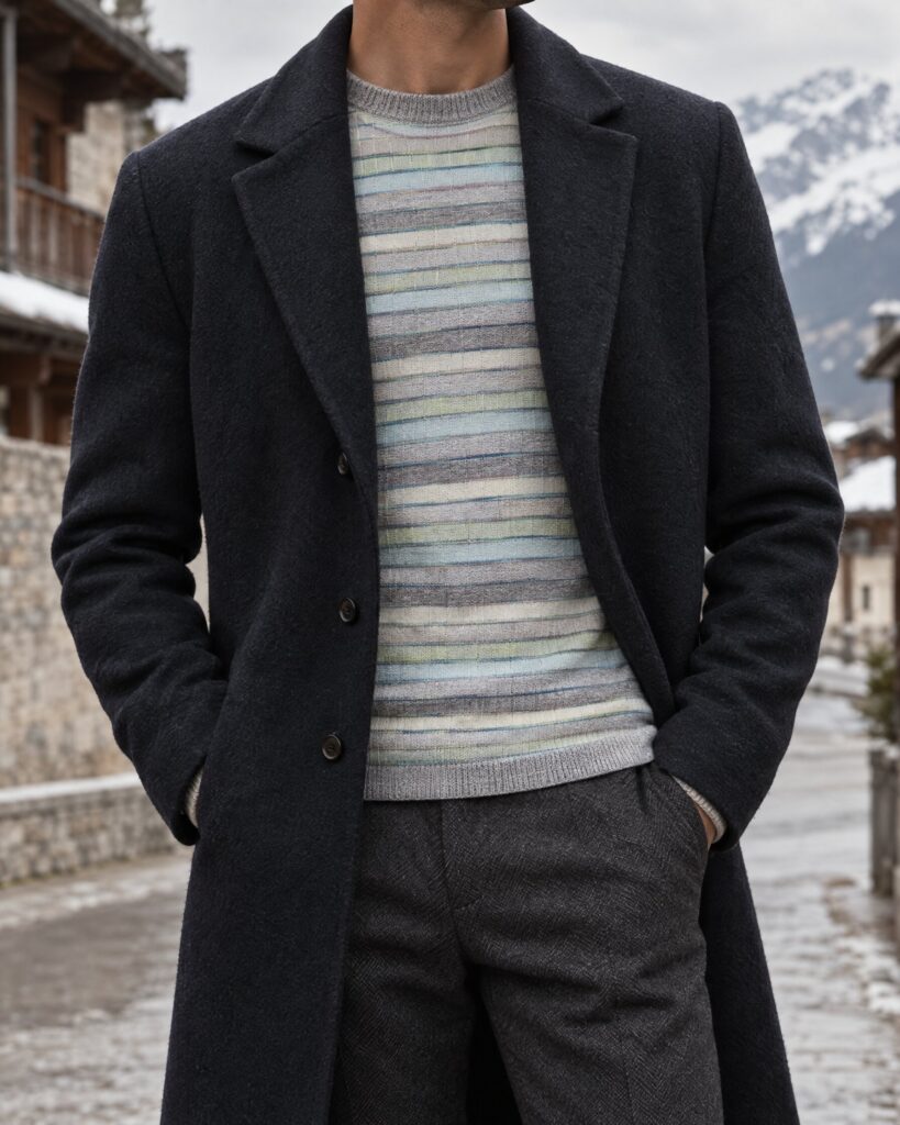 Man in a striped knit sweater and dark wool coat on a quiet alpine street