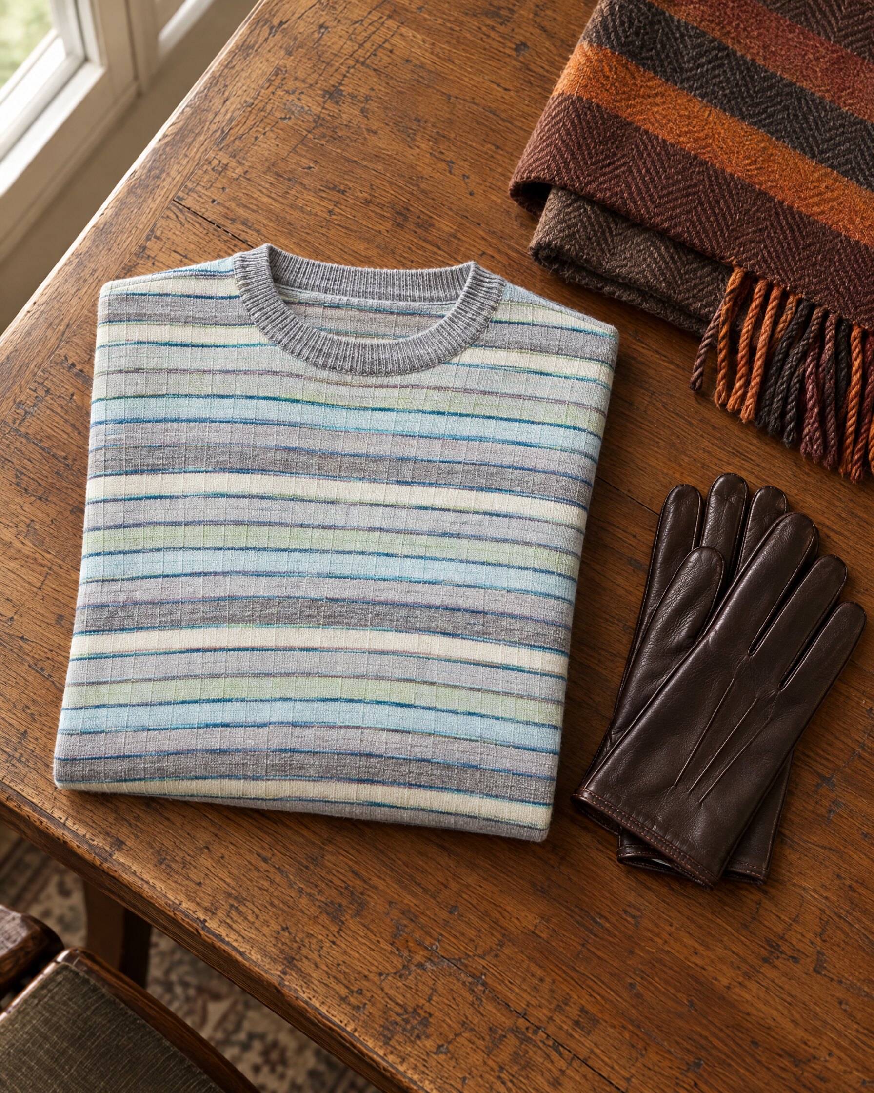 Missoni striped sweater folded on an oak table with leather gloves and a wool scarf