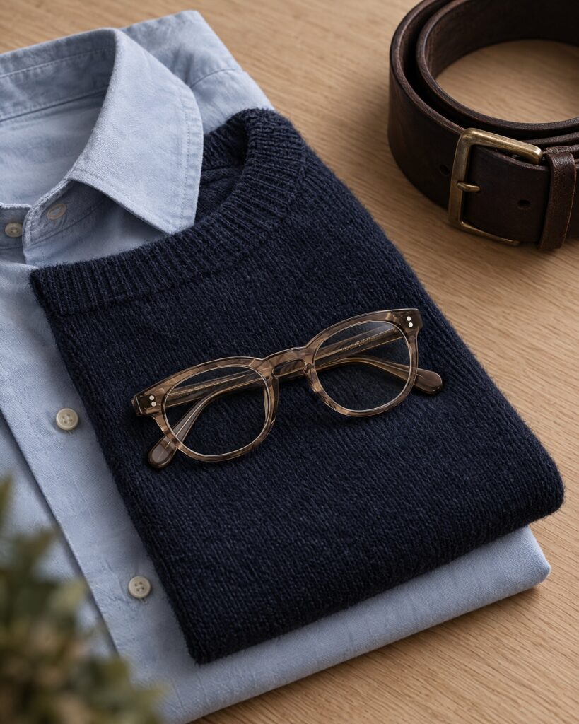 Moscot Mensch glasses in Brown Ash acetate on a navy knit and blue shirt