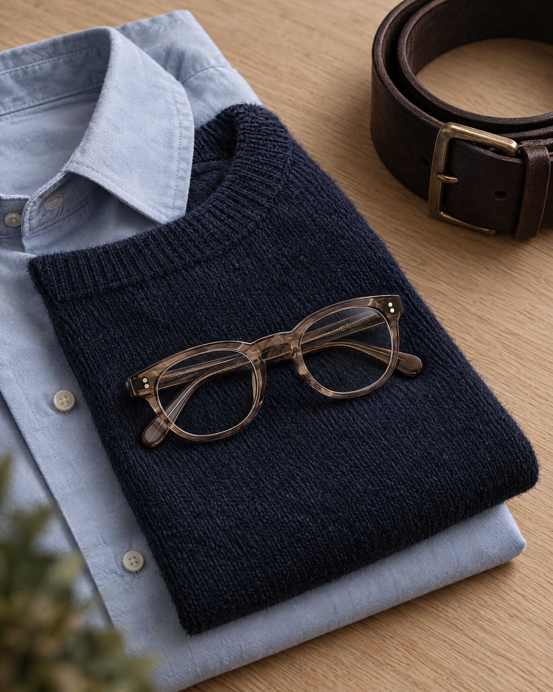 Moscot Mensch glasses in Brown Ash acetate on a navy knit and blue shirt