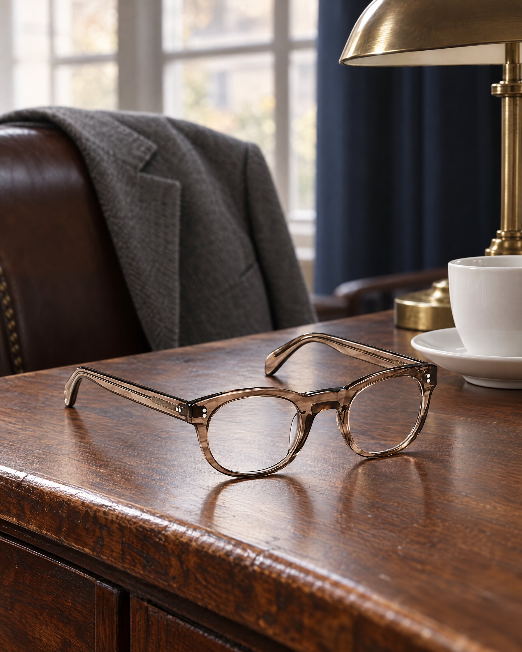 Round Brown Ash eyeglasses resting on a walnut desk beside a white cup in morning light