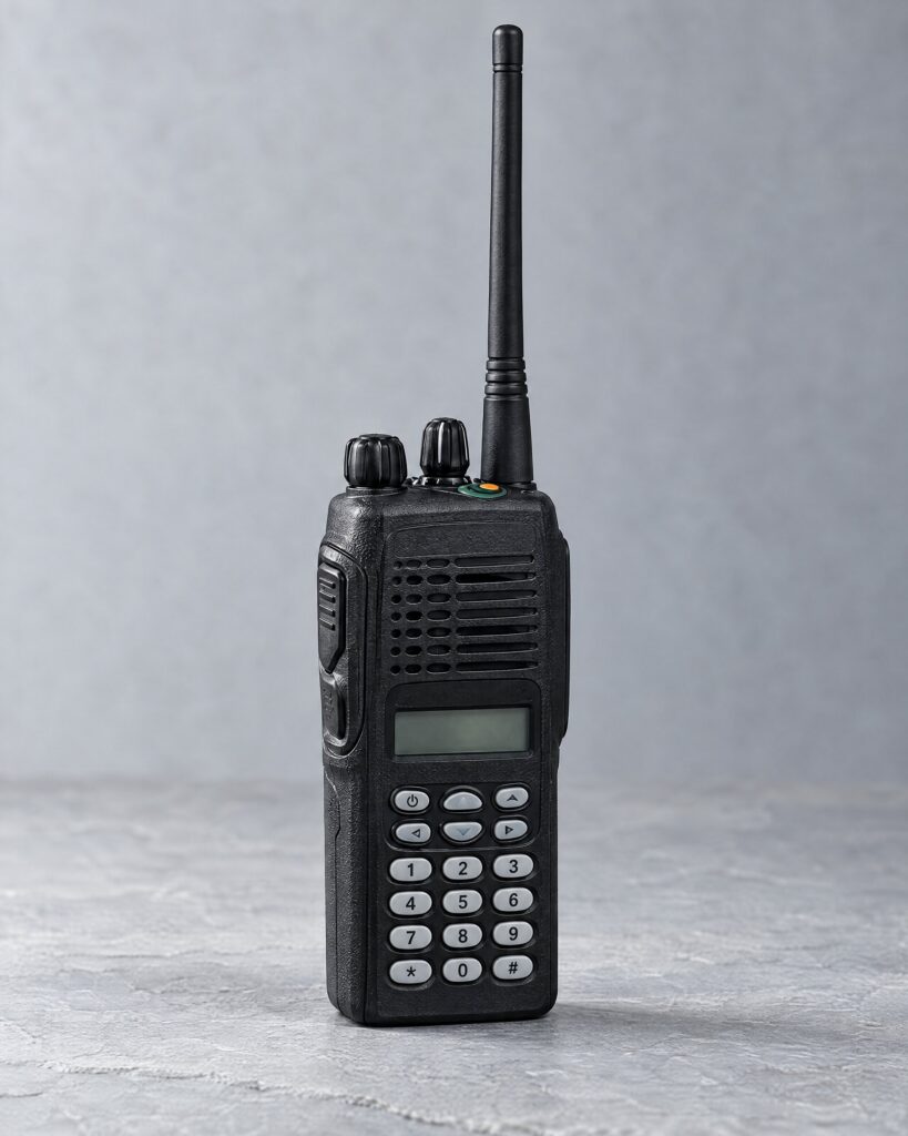 Motorola HT1250 style two-way radio with full keypad on a slate surface