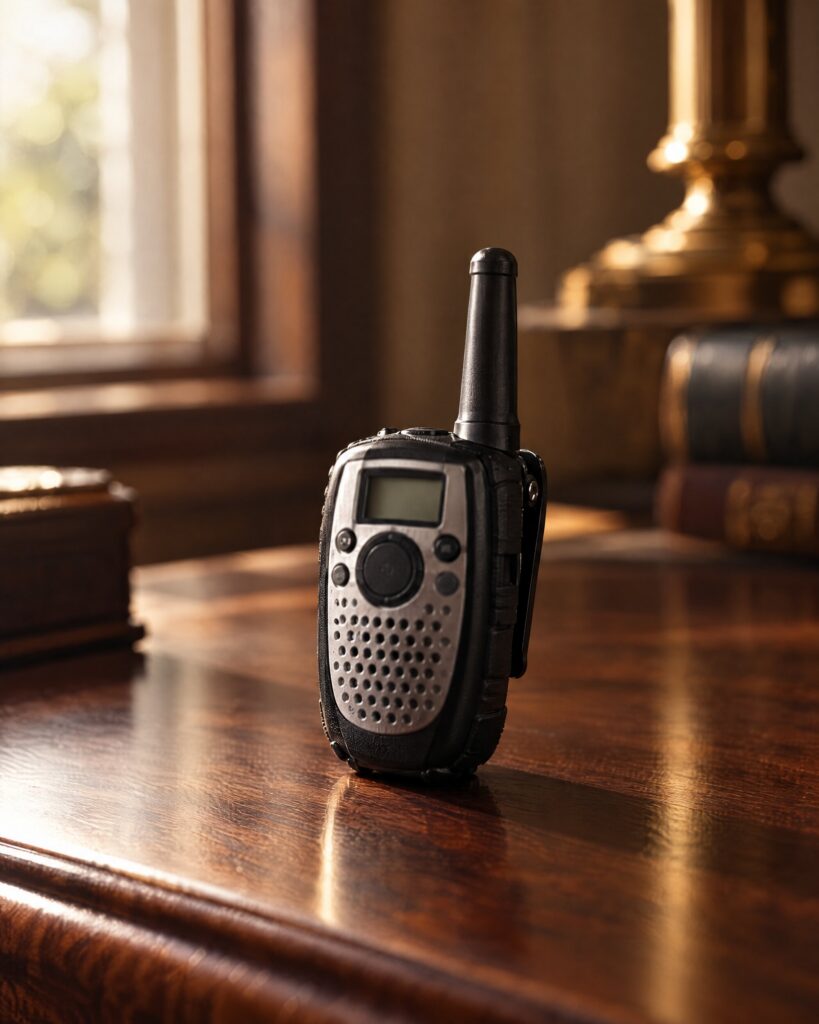 Black and silver Motorola TalkAbout TA280 SLK radio on a wooden desk