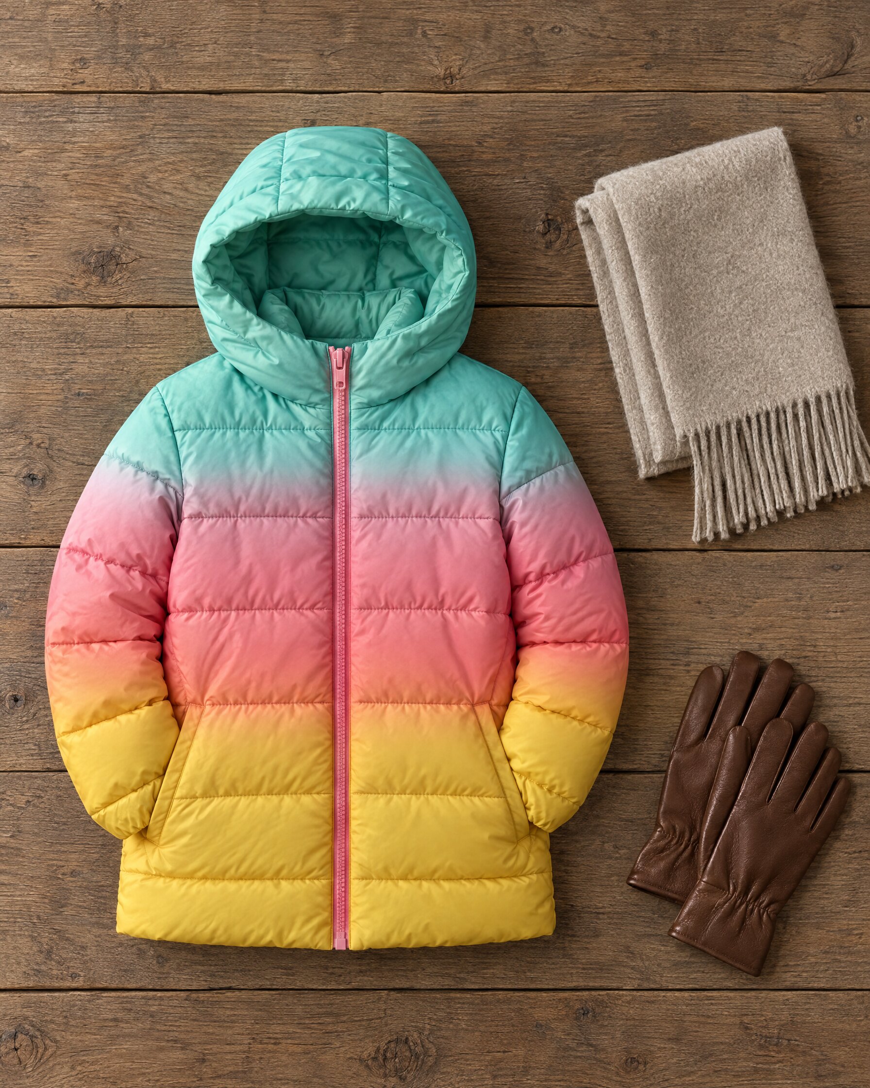 Rainbow ombre padded children's coat laid flat on oak boards with a wool scarf and leather gloves