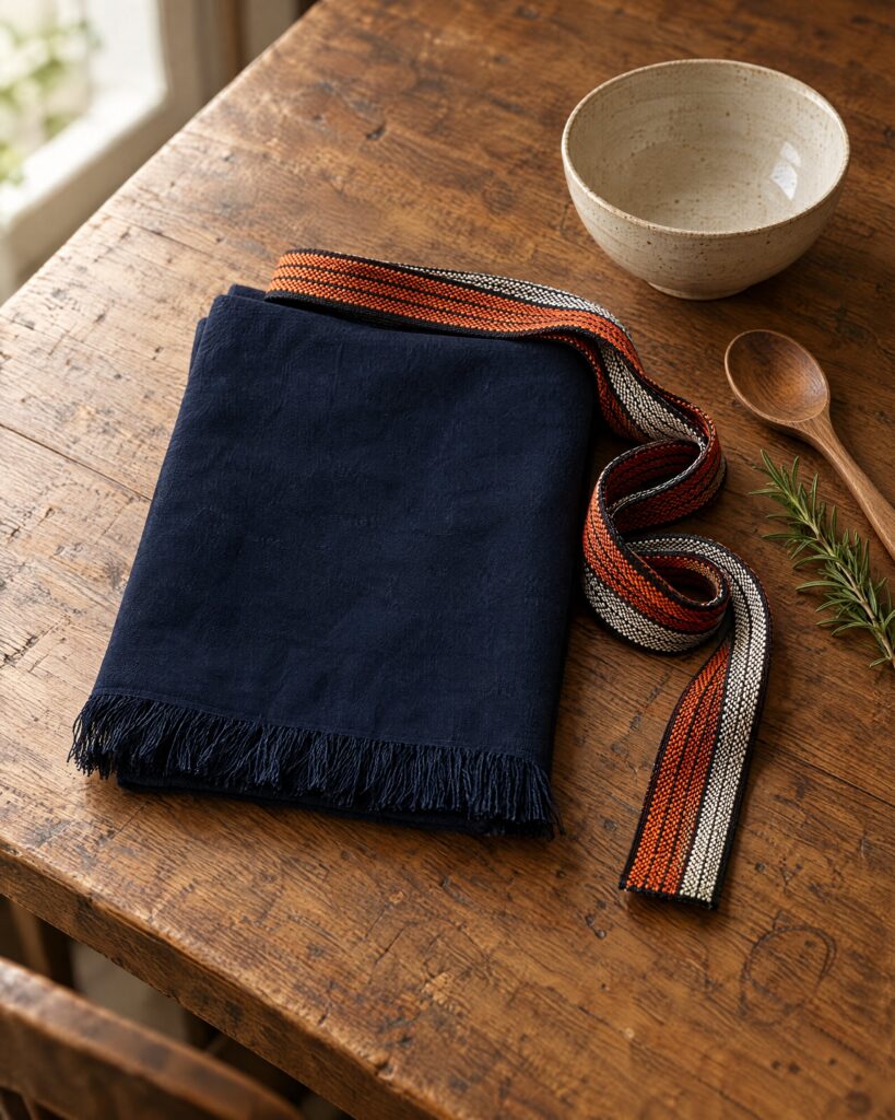 Navy Mt Fuji maekake apron folded on an oak table with a wooden spoon and rosemary