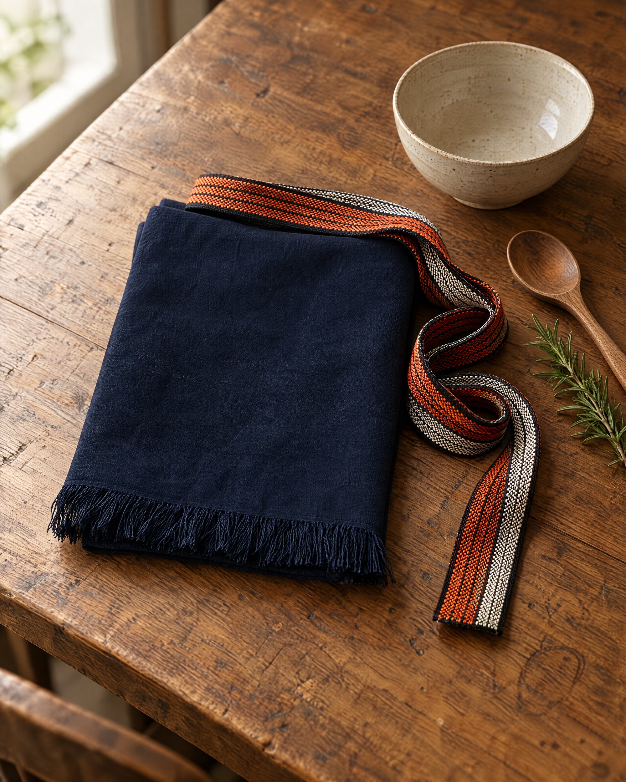 Navy Mt Fuji maekake apron folded on an oak table with a wooden spoon and rosemary