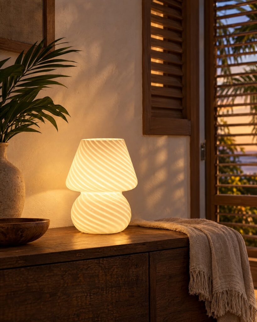 Swirl glass mushroom lamp glowing on a wooden console in a whitewashed room