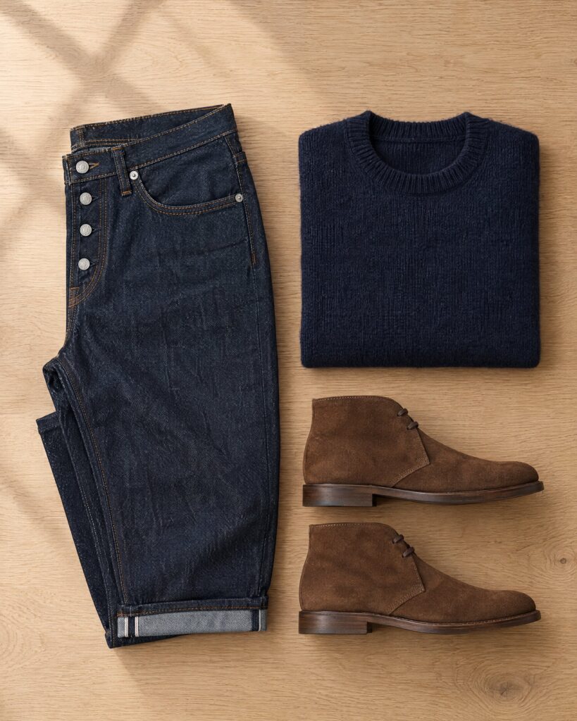 Naked & Famous Weird Guy Stretch Selvedge jeans in dark indigo, folded on an oak table with a navy knit and suede boots