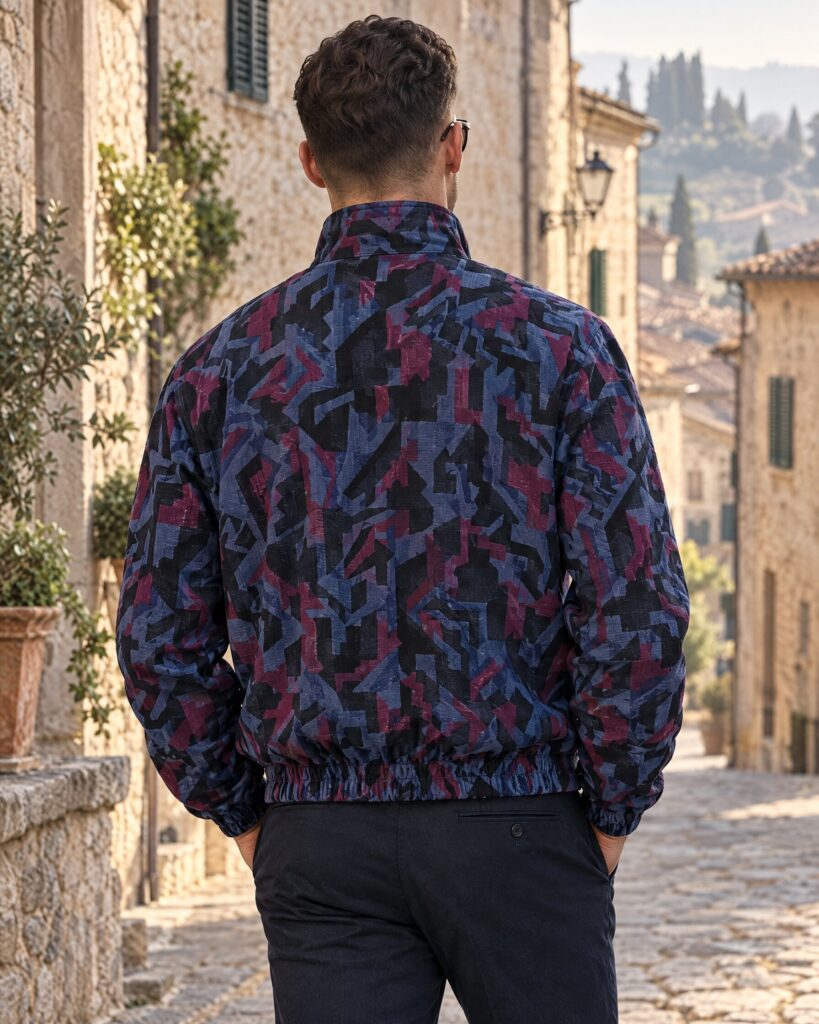 Man in a navy, burgundy and black stretch cotton bomber jacket standing on a stone street, seen from behind