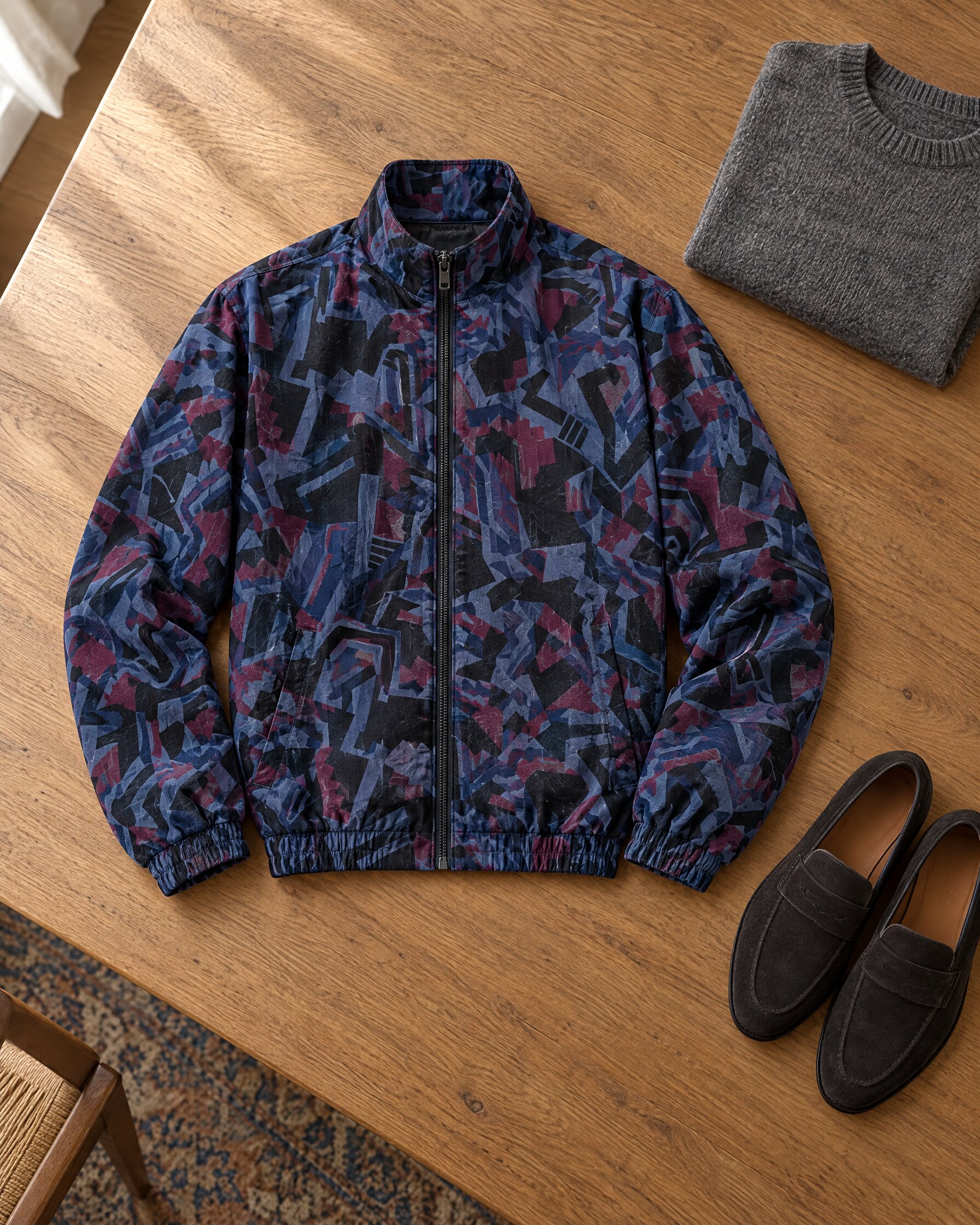 Napapijri Martine Rose jacket in navy, burgundy and black laid flat on an oak table with a grey knit