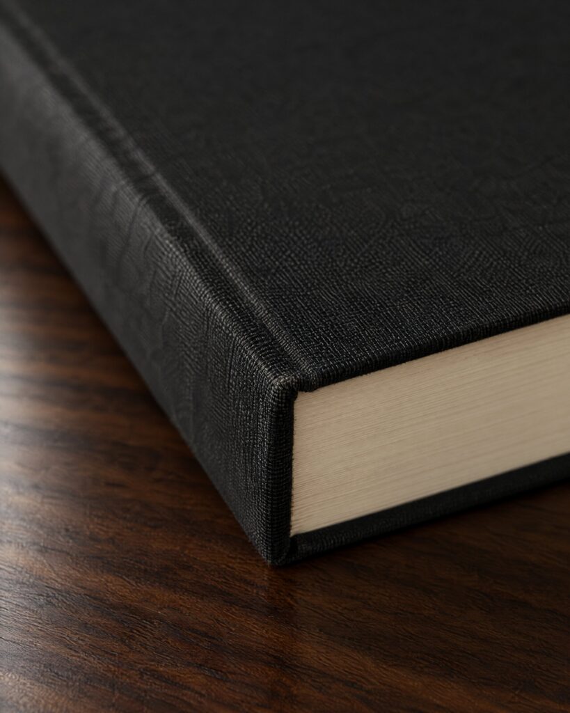 Corner and page edge of a hardback film making-of book on a walnut desk
