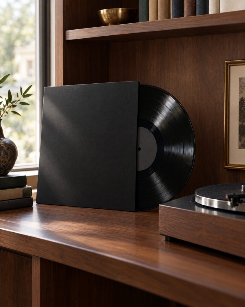 Vinyl record of the No Time To Die soundtrack beside a turntable on a walnut shelf