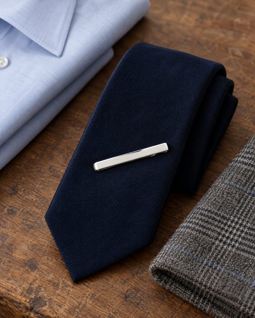 No Time To Die tie slide by Benson & Clegg in rhodium on a folded navy silk tie
