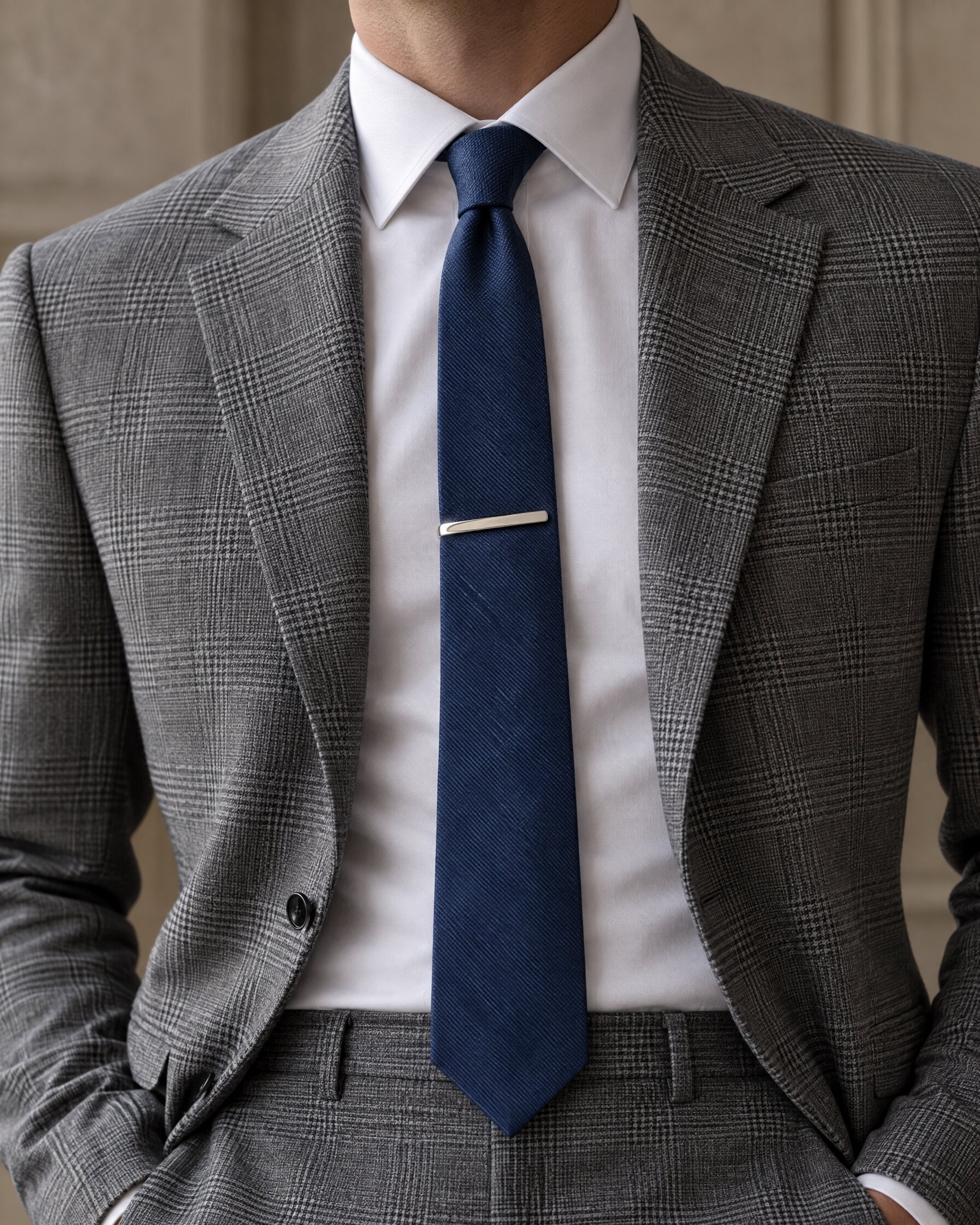 Slim rhodium tie slide clipped to a blue silk tie worn with a grey check suit