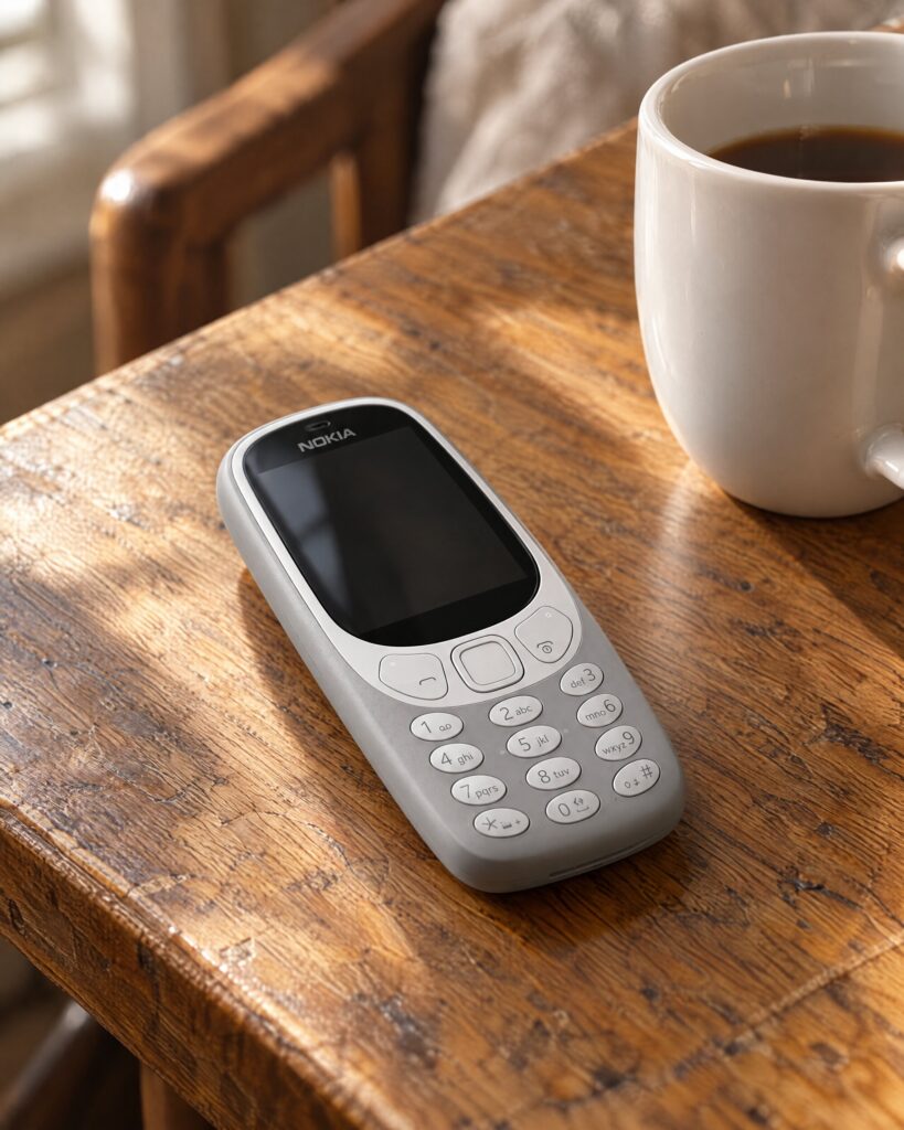 Nokia 3310 No Time To Die phone in matte grey resting on an oak table beside a white cup