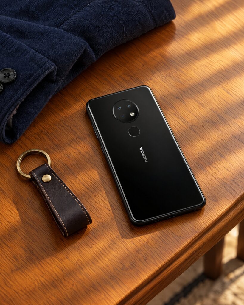 Black Nokia handset on an oak hall table beside a folded navy jacket sleeve