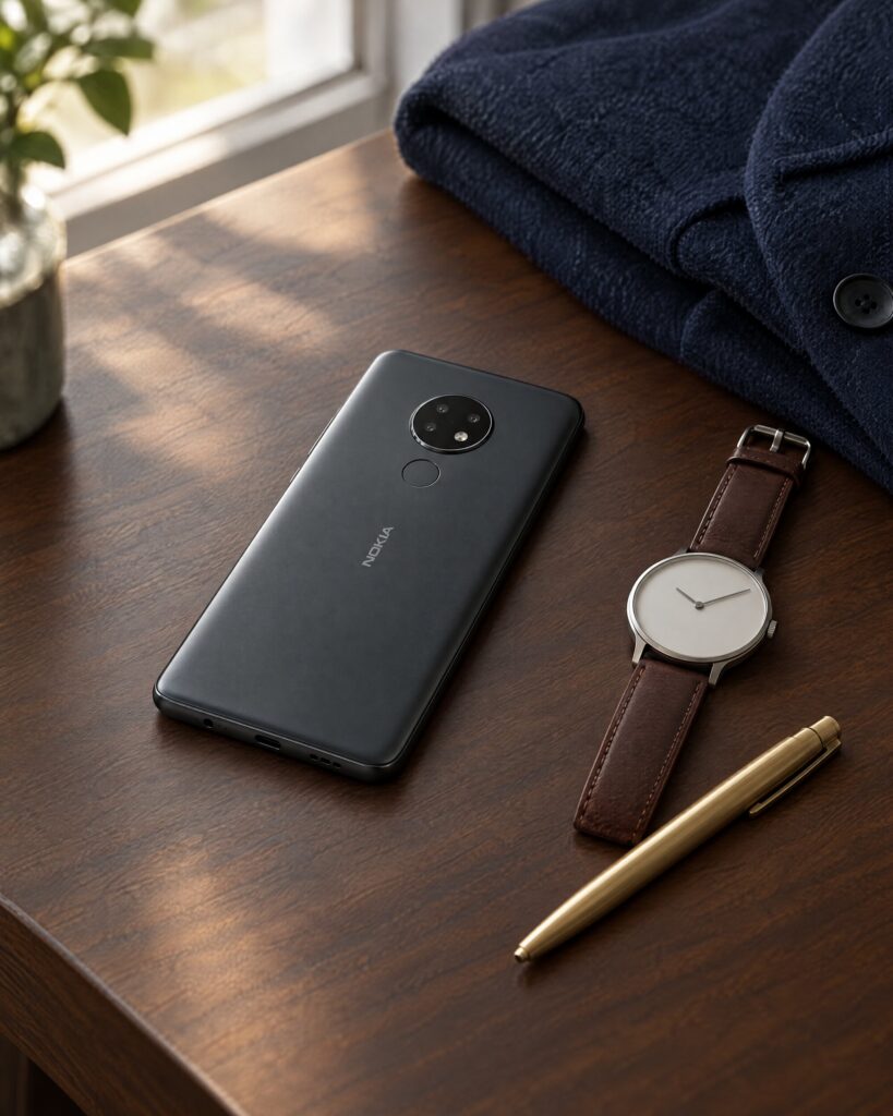 Charcoal Nokia 7.2 smartphone on a walnut desk beside a folded navy jacket