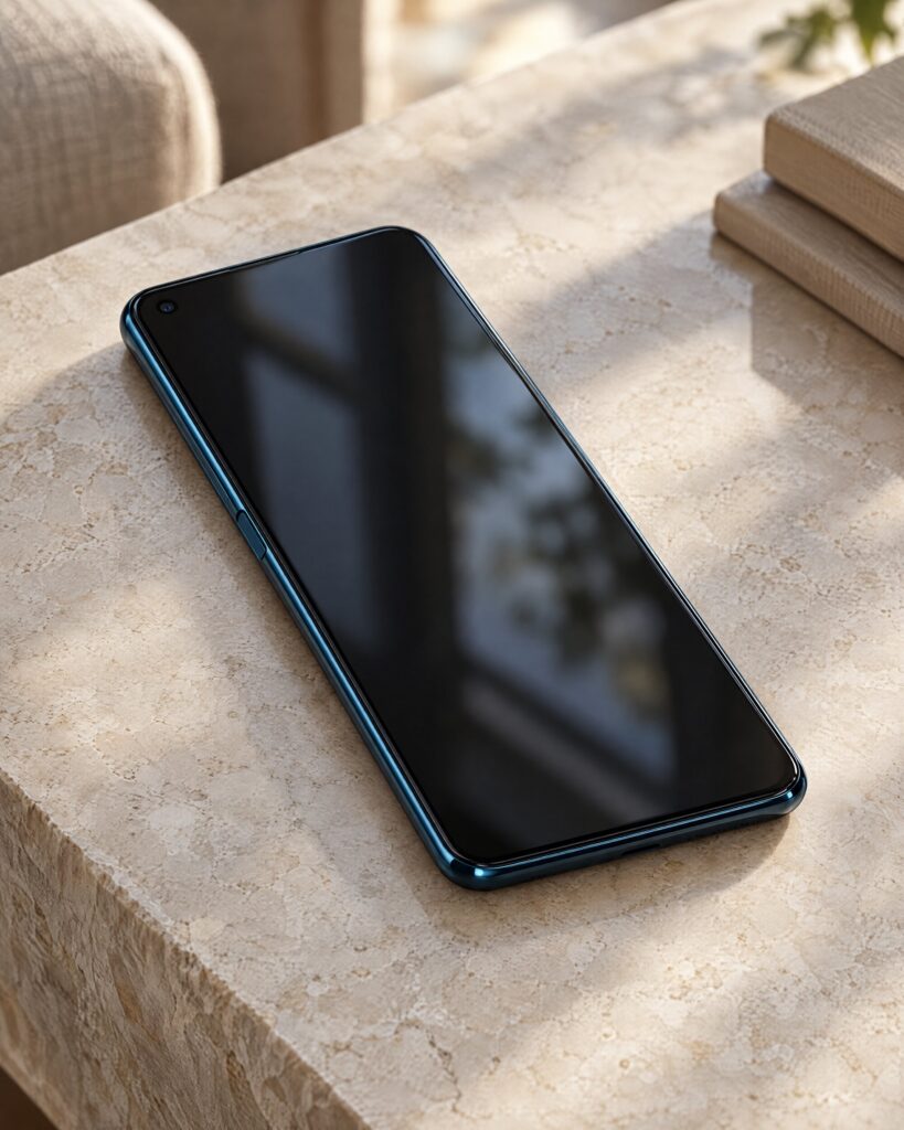 Nokia 8.3 5G No Time To Die phone in Polar Night, screen off, on pale stone