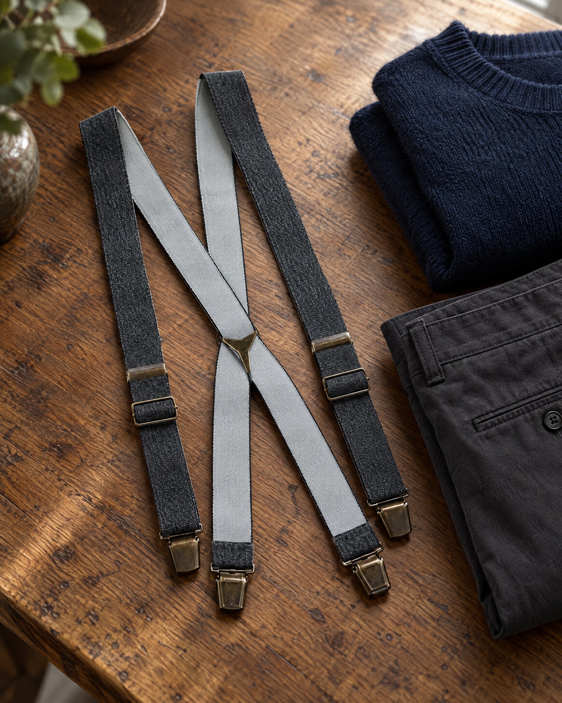 N.Peal 007 braces in grey laid flat beside folded charcoal trousers and a navy sweater