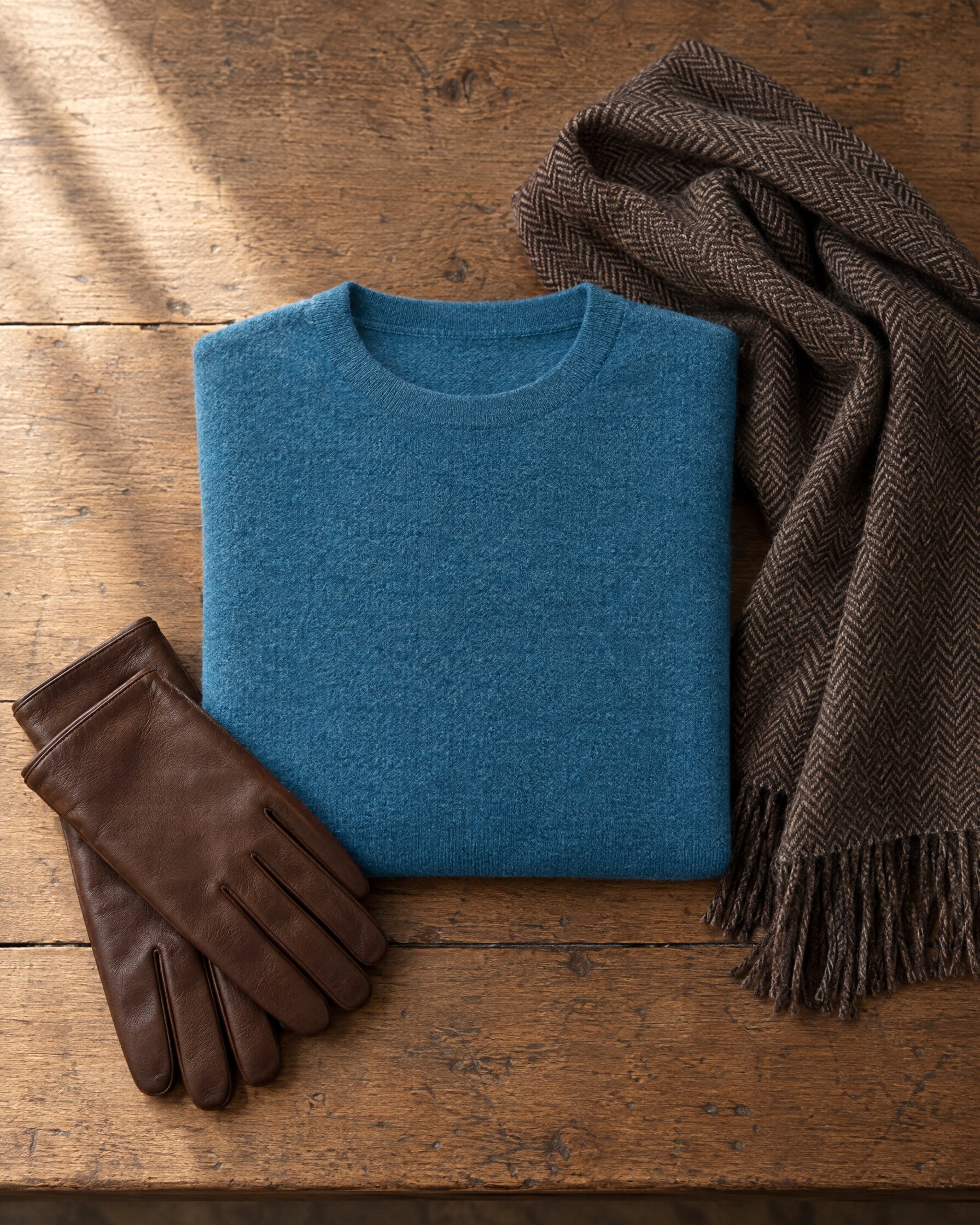 N.Peal 007 crew neck sweater in Blue Wave folded beside a brown herringbone scarf