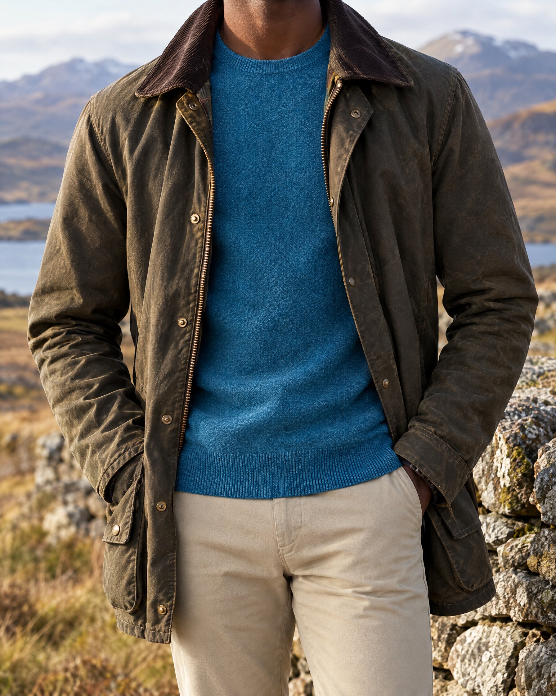 Man in a blue cashmere crew neck under an olive waxed jacket by a stone wall