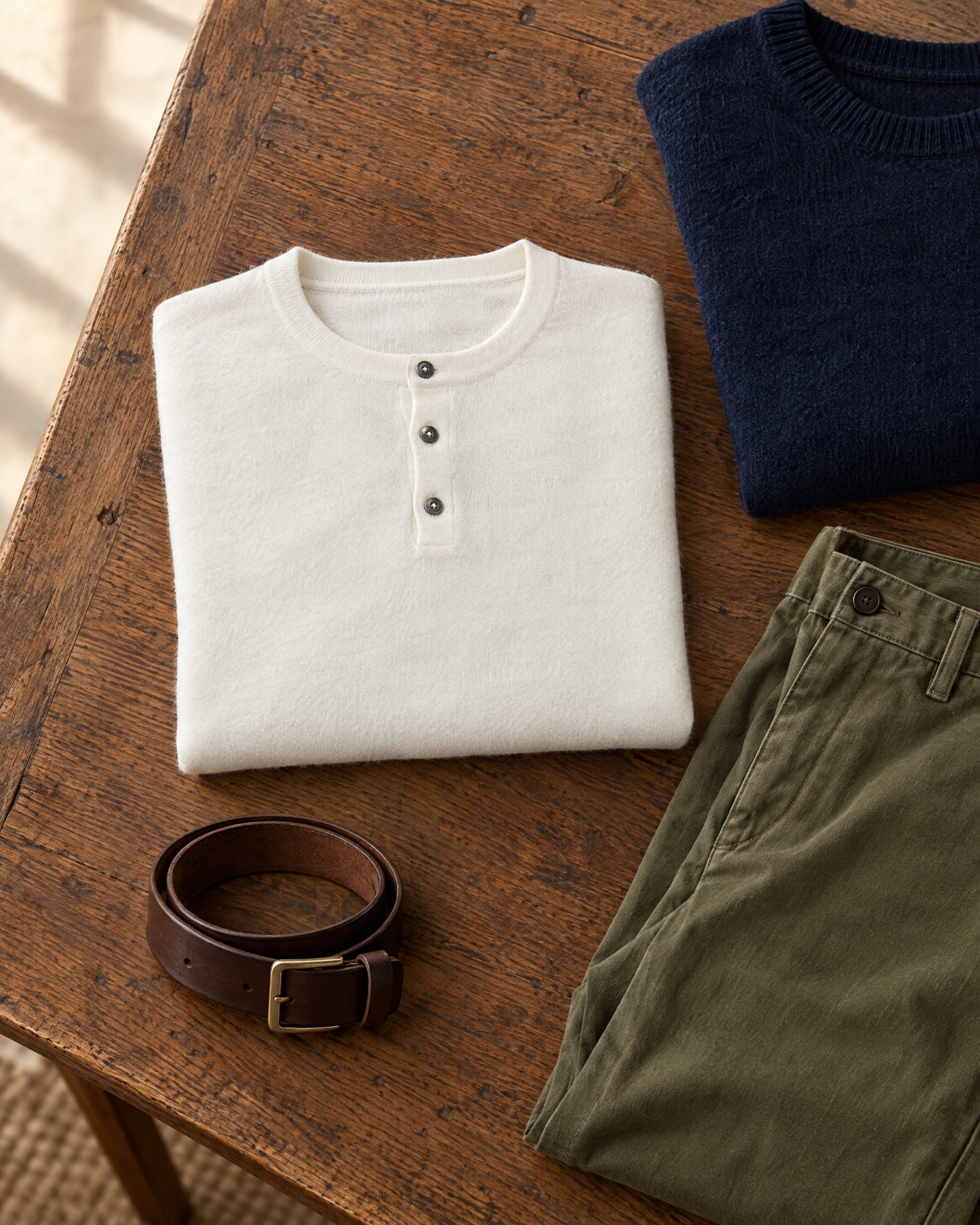 Ivory white cotton and cashmere henley with dark buttons, folded on an oak table beside navy knitwear