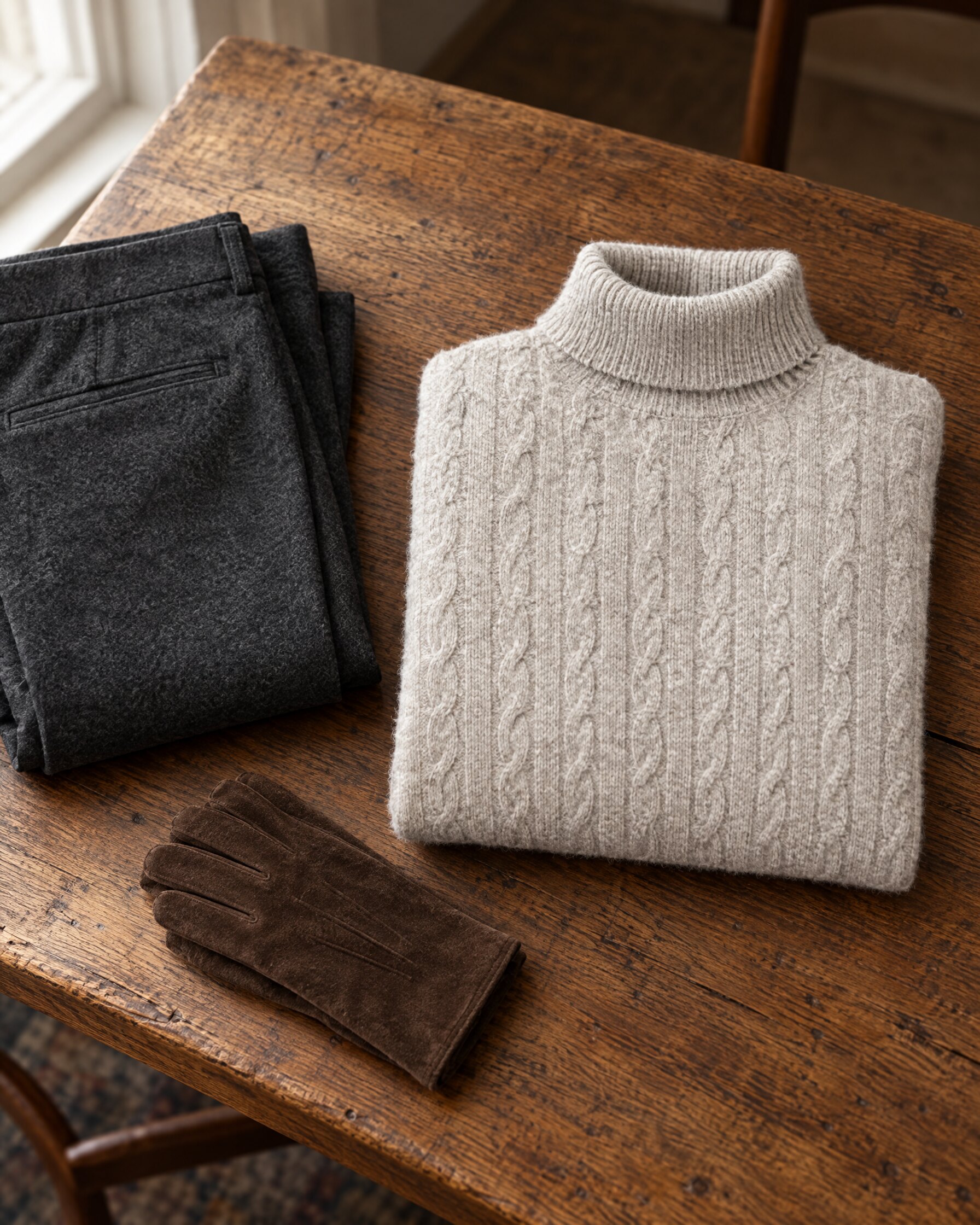Folded grey cashmere cable knit roll neck sweater on an oak table with charcoal flannel trousers