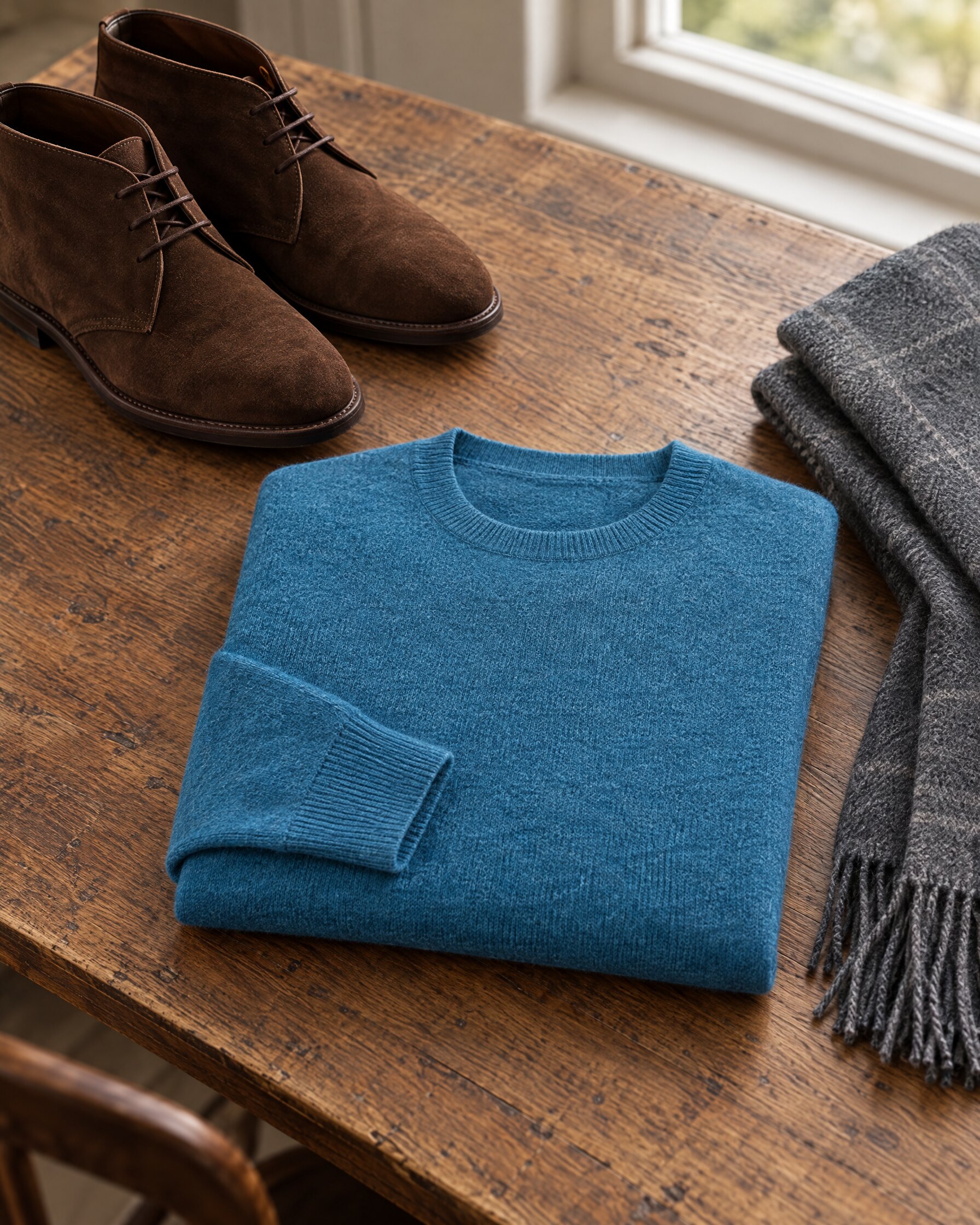 N.Peal Oxford round neck sweater in blue cashmere folded on an oak table beside suede boots