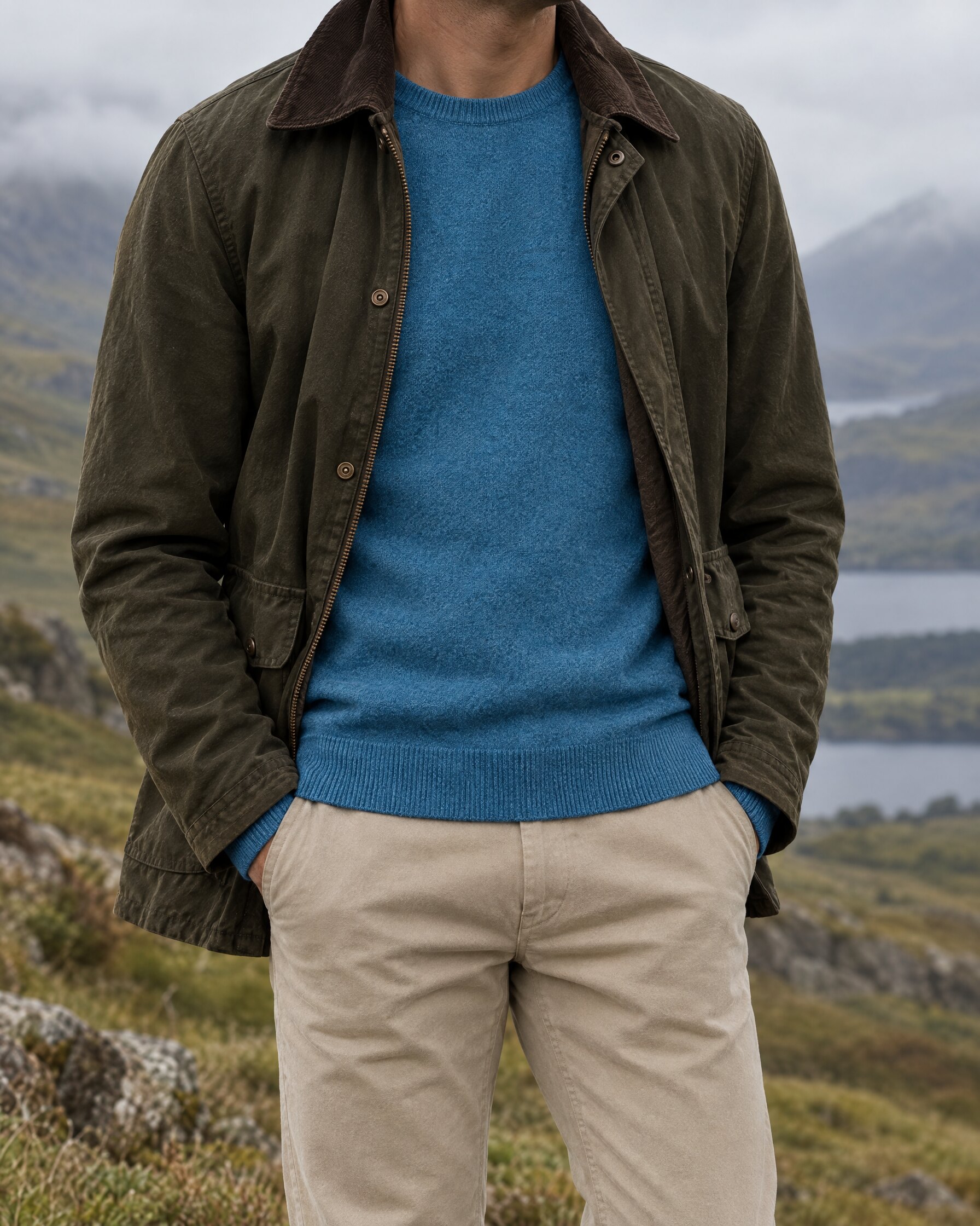 Man in a blue cashmere round neck sweater under an olive field jacket on a Scottish hillside