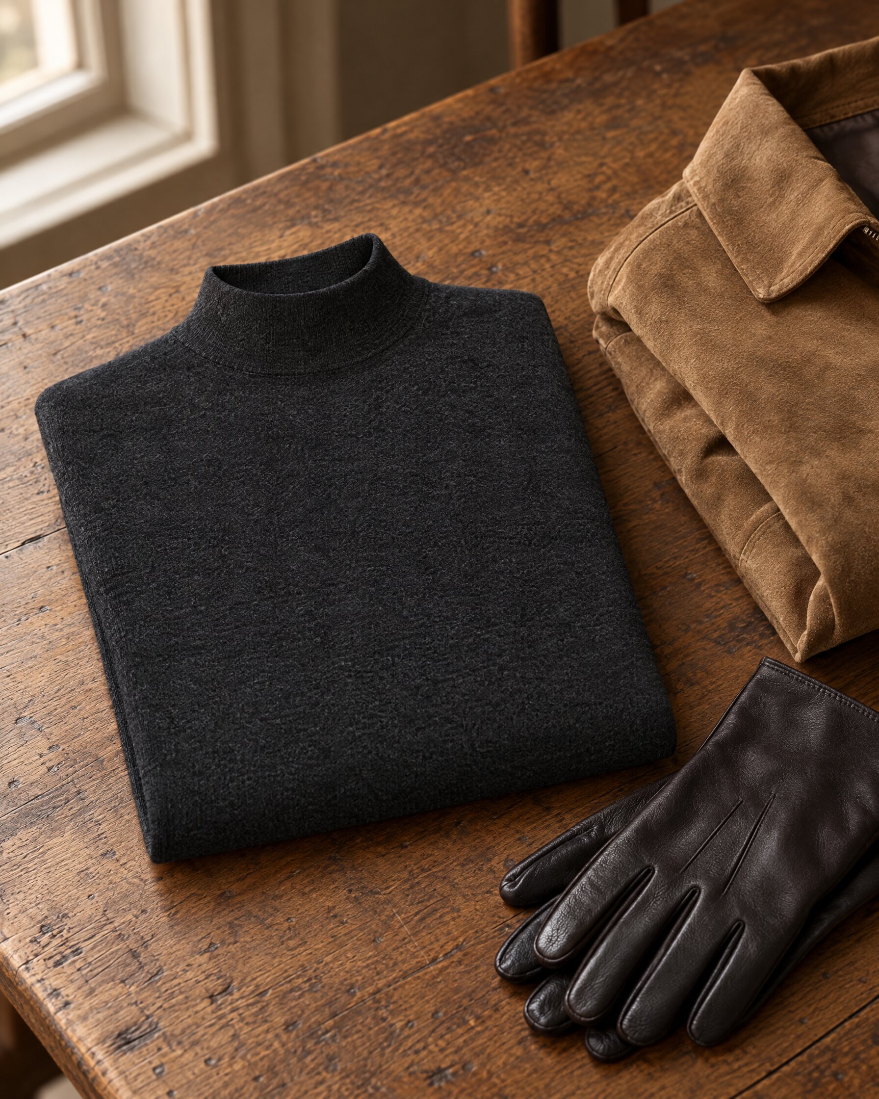 N.Peal Spectre sweater in dark charcoal grey, folded on an oak table beside a suede jacket
