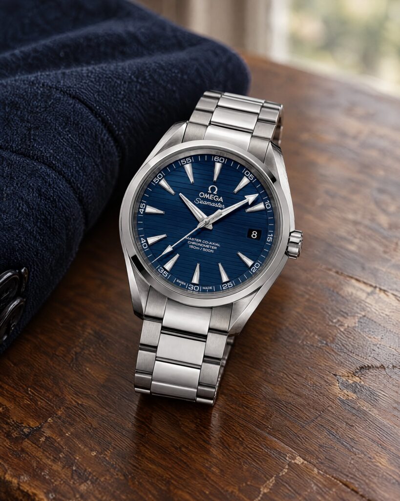 Omega Aqua Terra Spectre watch in steel with a blue teak-pattern dial on a walnut table