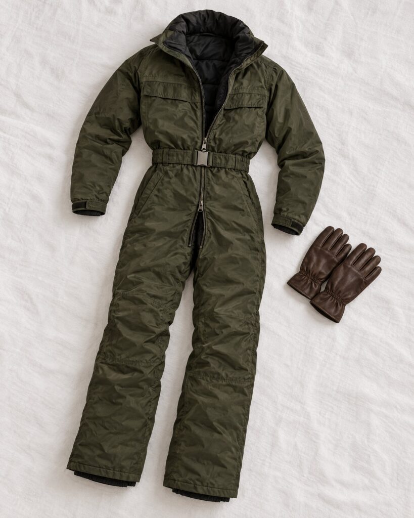 Dark olive one-piece ski suit with belt laid flat beside leather gloves