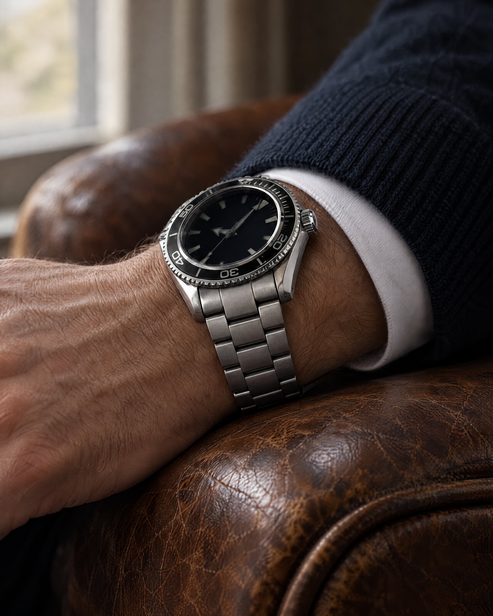 Steel Seamaster Planet Ocean 2201.50.00 with black bezel on a wrist beside a navy knit cuff