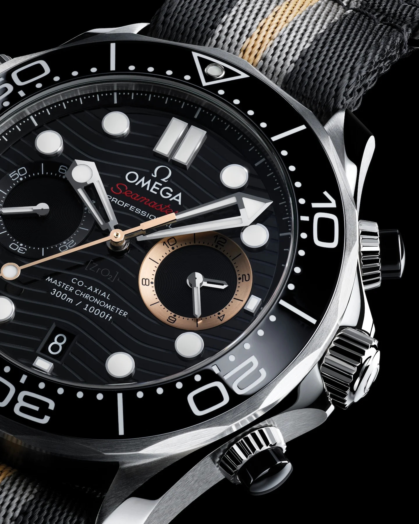 Omega Seamaster 007 First Light chronograph on a striped NATO strap