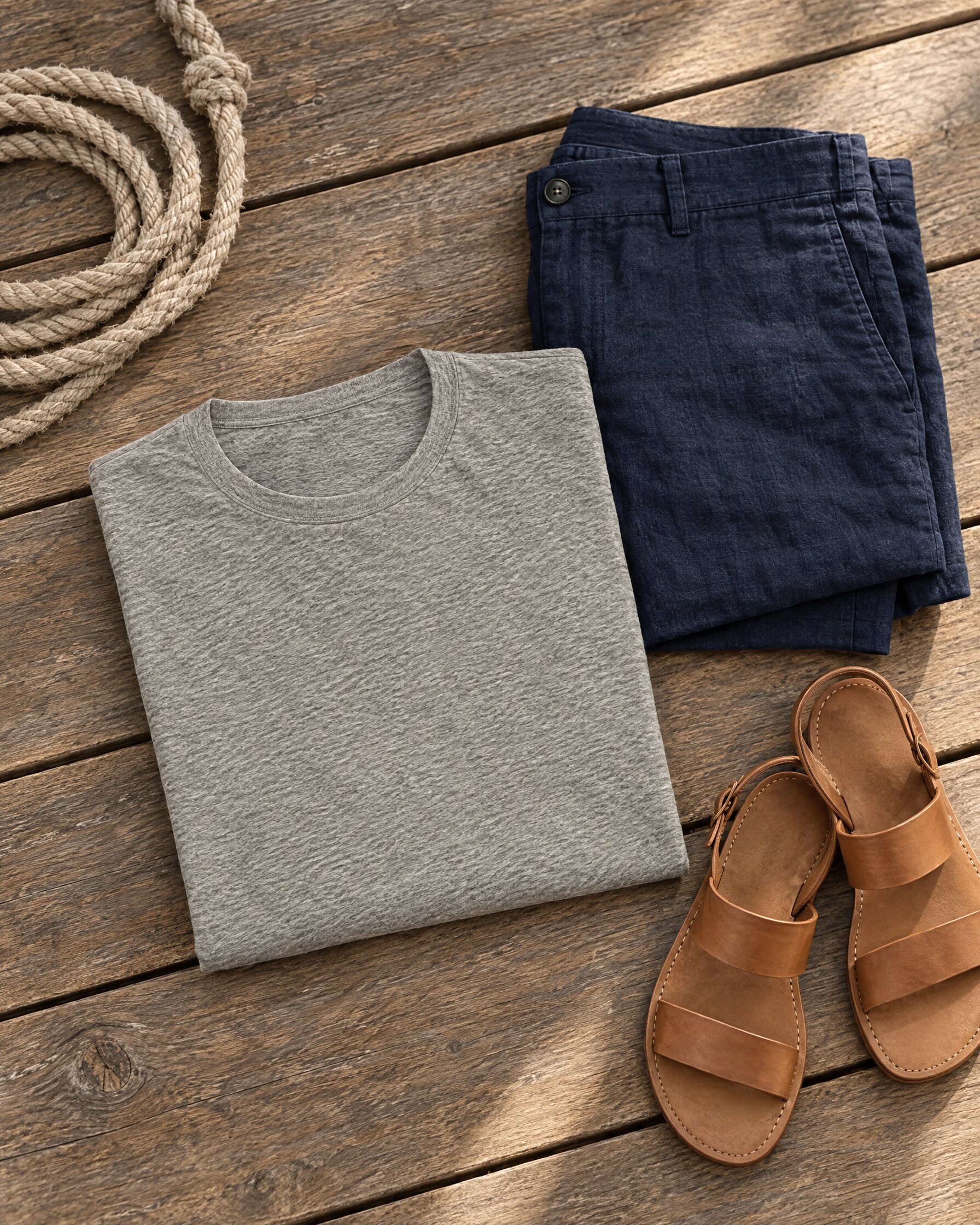Orlebar Brown OB-T grey melange T-shirt folded on teak boards beside navy linen shorts and leather sandals